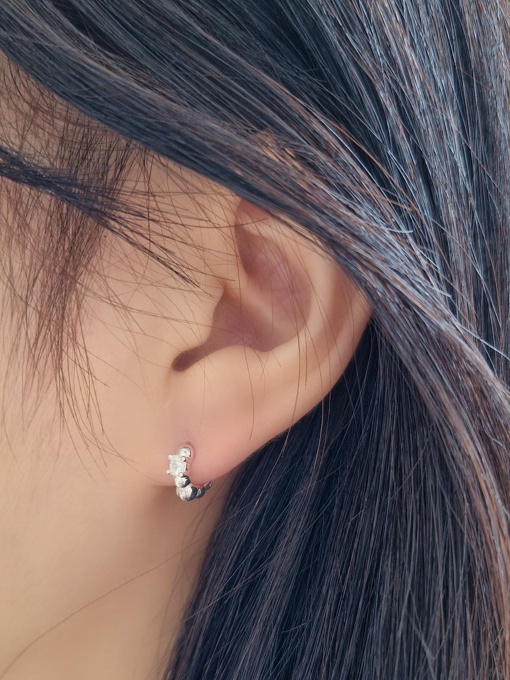 925 Silver Dot Mini Huggie Earrings. bubble ball huggie earrings.