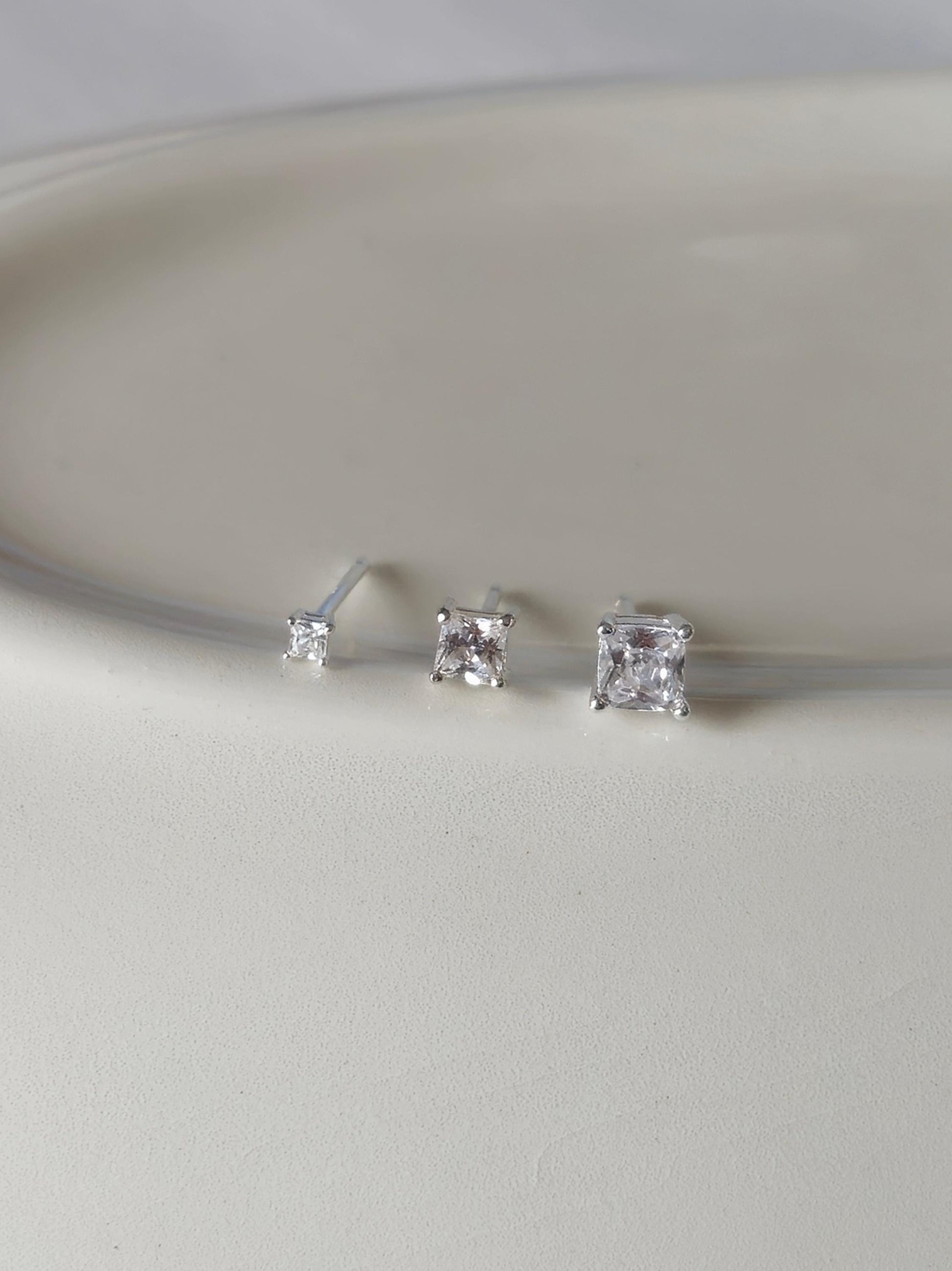 Square Cubic Zirconia stud earrings. Sterling silver cubic earrings.
