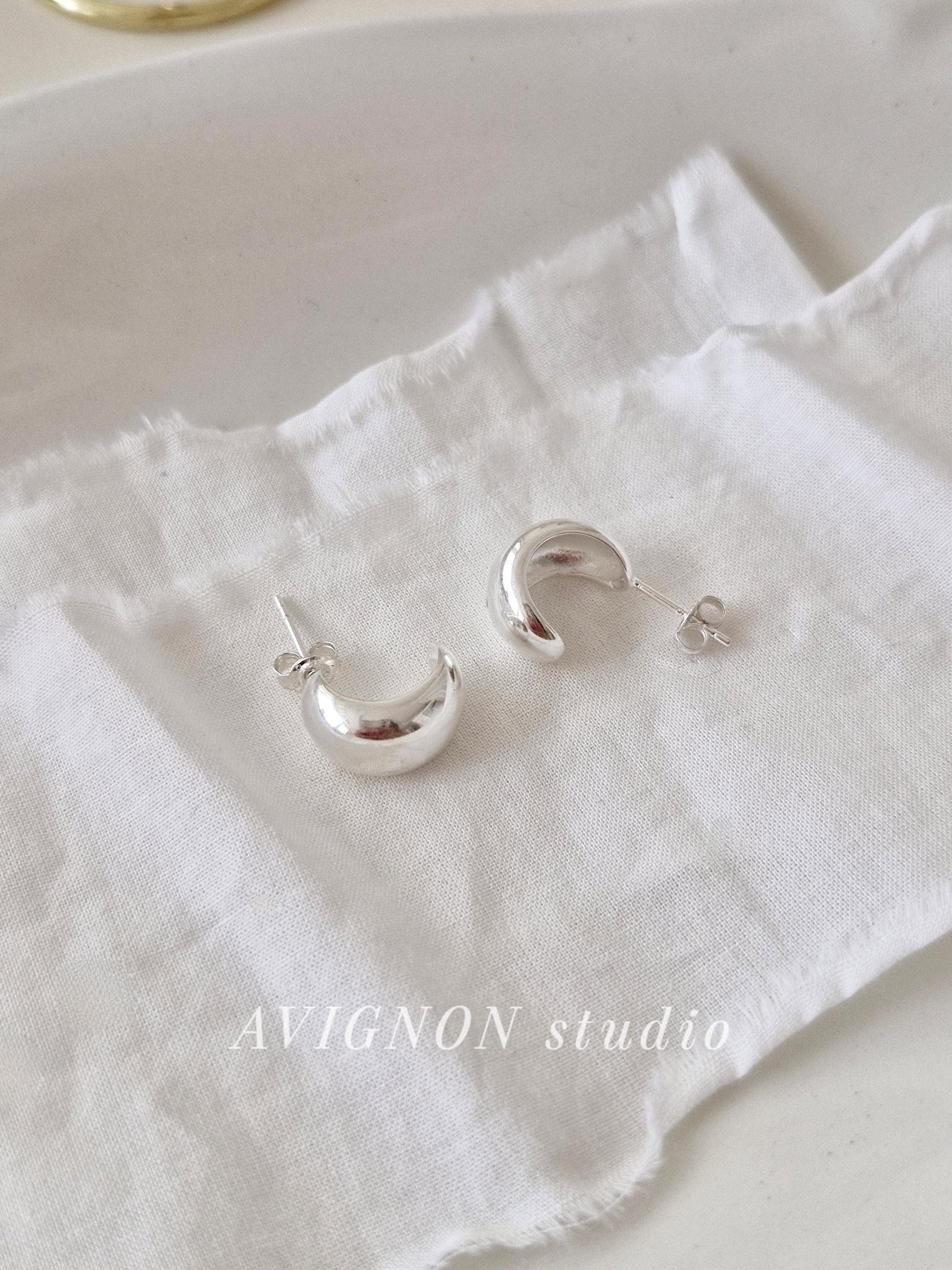 925 Sterling Silver Chunky Half Hoop Earrings. Minimalist Thick Dome Studs. Bold silver earrings.