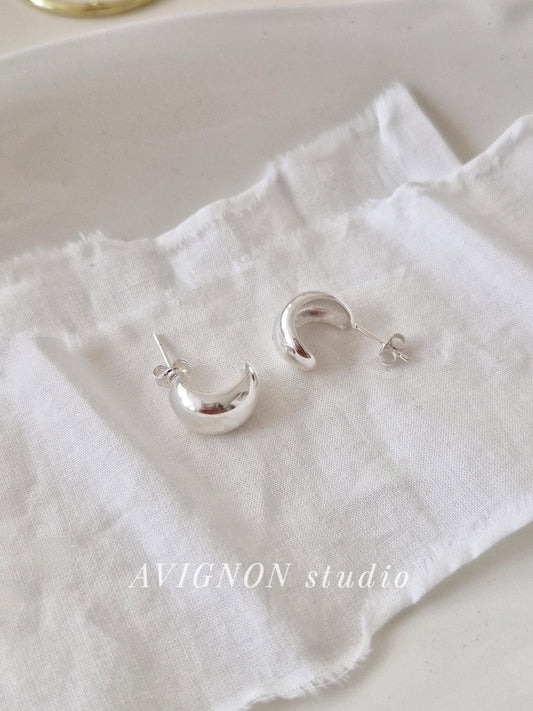 925 Sterling Silver Chunky Half Hoop Earrings. Minimalist Thick Dome Studs. Bold silver earrings.
