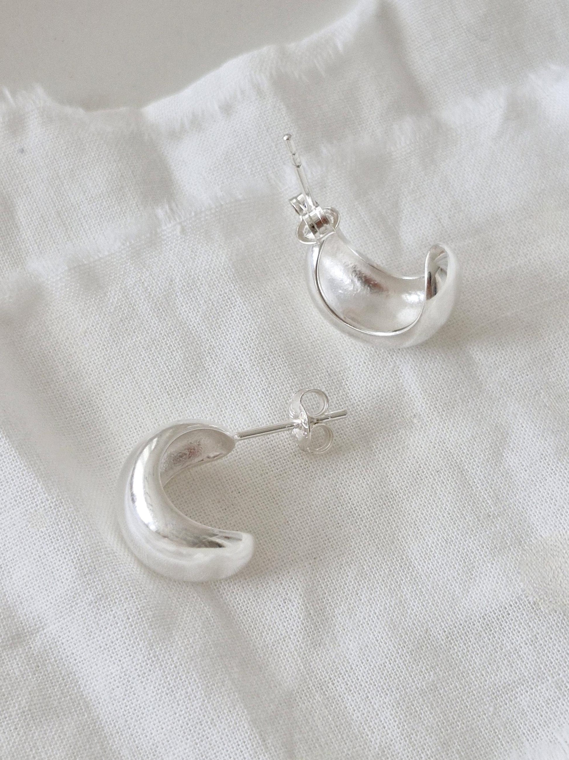 925 Sterling Silver Chunky Half Hoop Earrings. Minimalist Thick Dome Studs. Bold silver earrings.