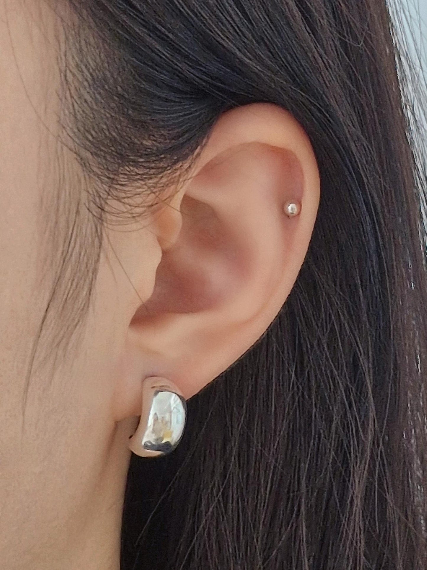 925 Sterling Silver Chunky Half Hoop Earrings. Minimalist Thick Dome Studs. Bold silver earrings.