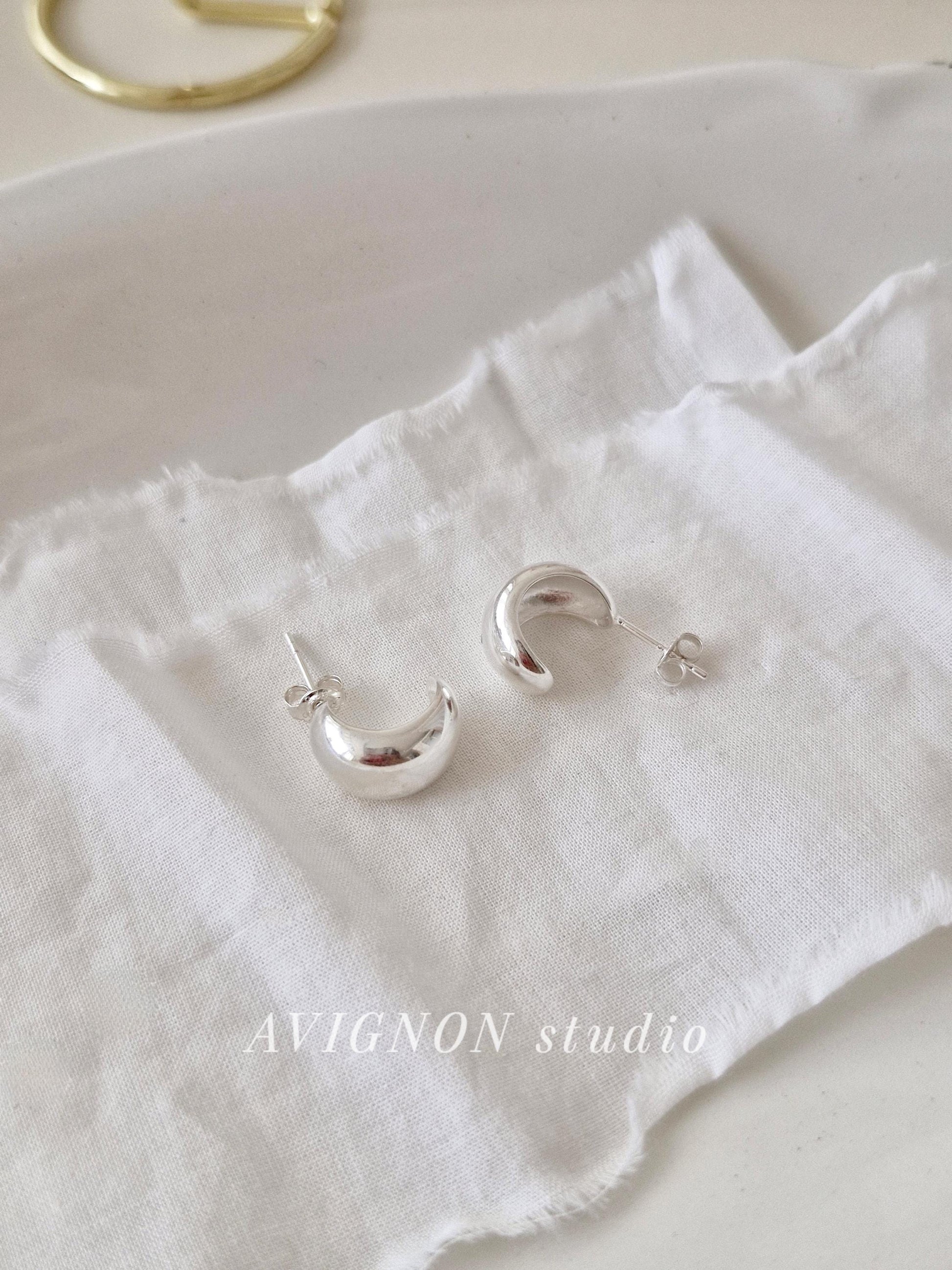 925 Sterling Silver Chunky Half Hoop Earrings. Minimalist Thick Dome Studs. Bold silver earrings.