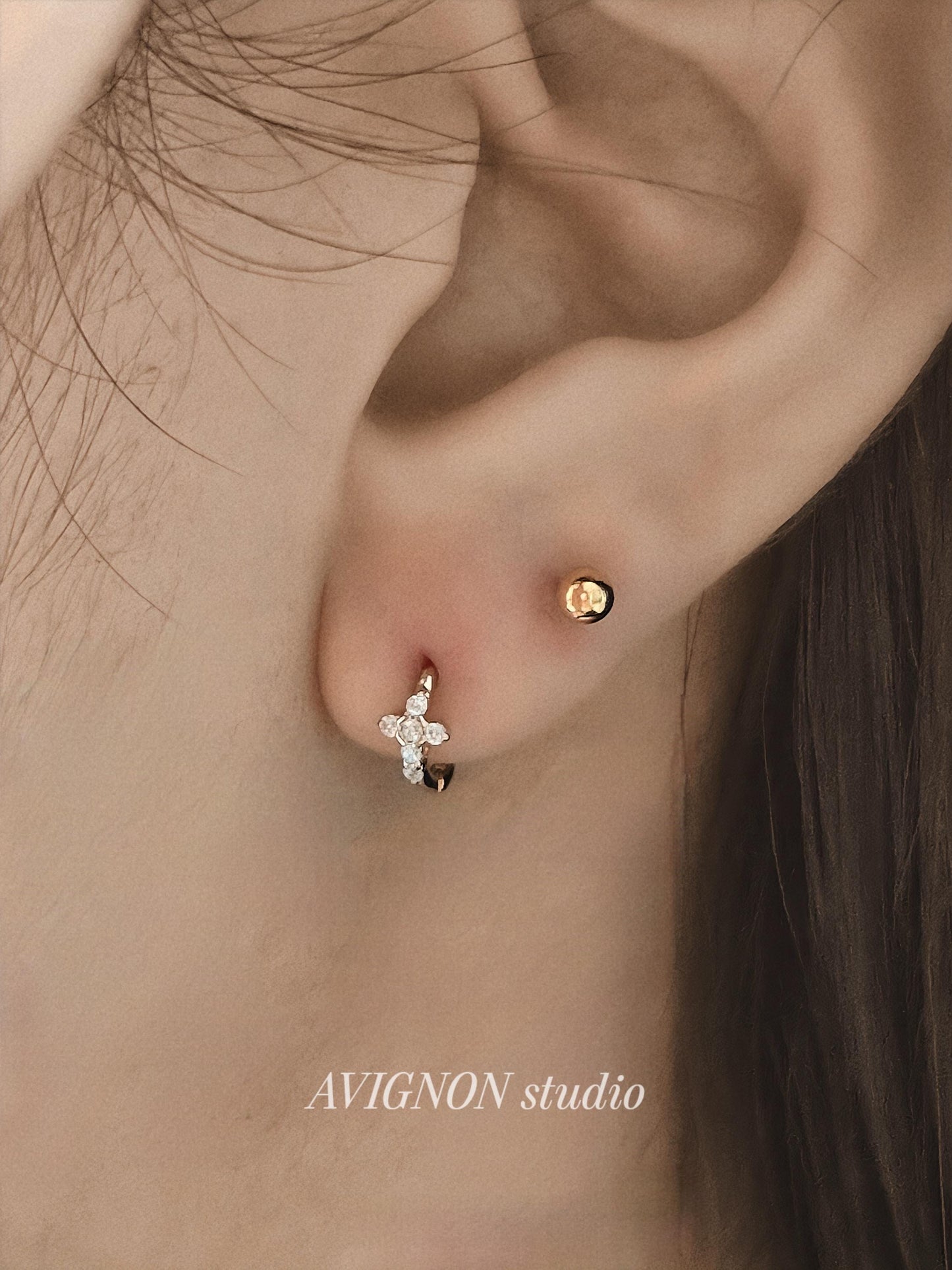 Tiny Crystal Cross Hoop Earrings. Mini cross huggie sterling silver earrings.