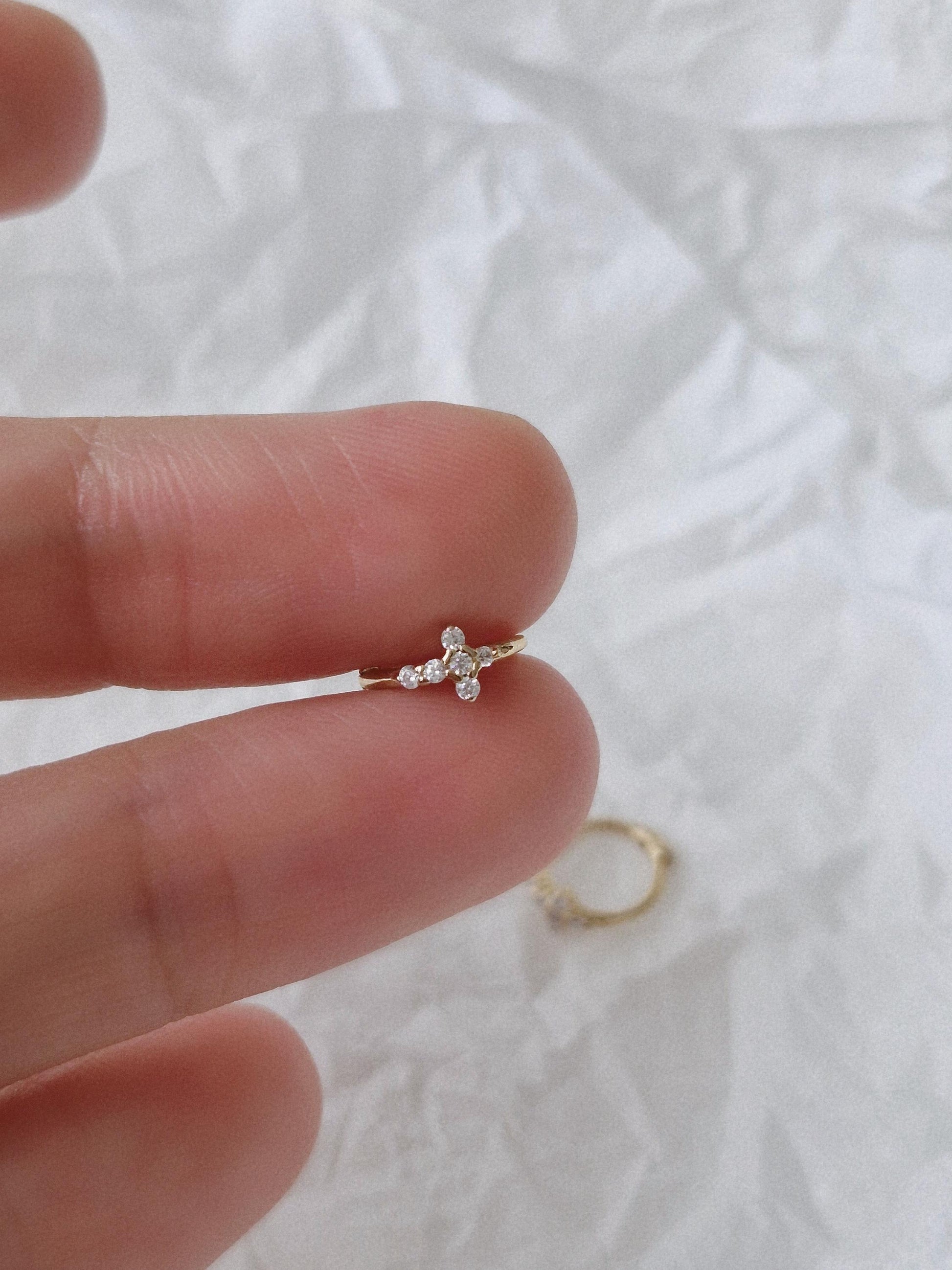 Tiny Crystal Cross Hoop Earrings. Mini cross huggie sterling silver earrings.