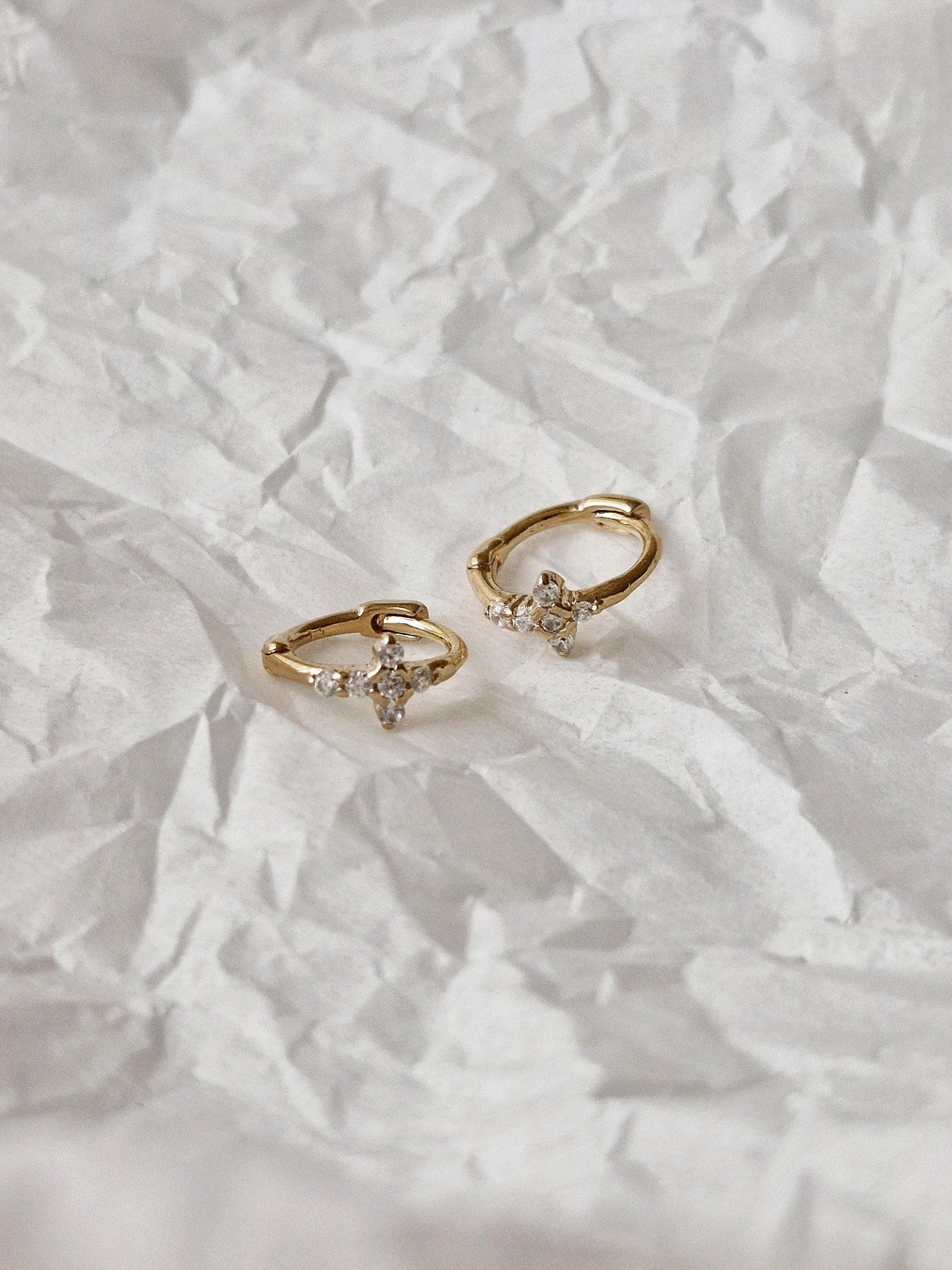 Tiny Crystal Cross Hoop Earrings. Mini cross huggie sterling silver earrings.