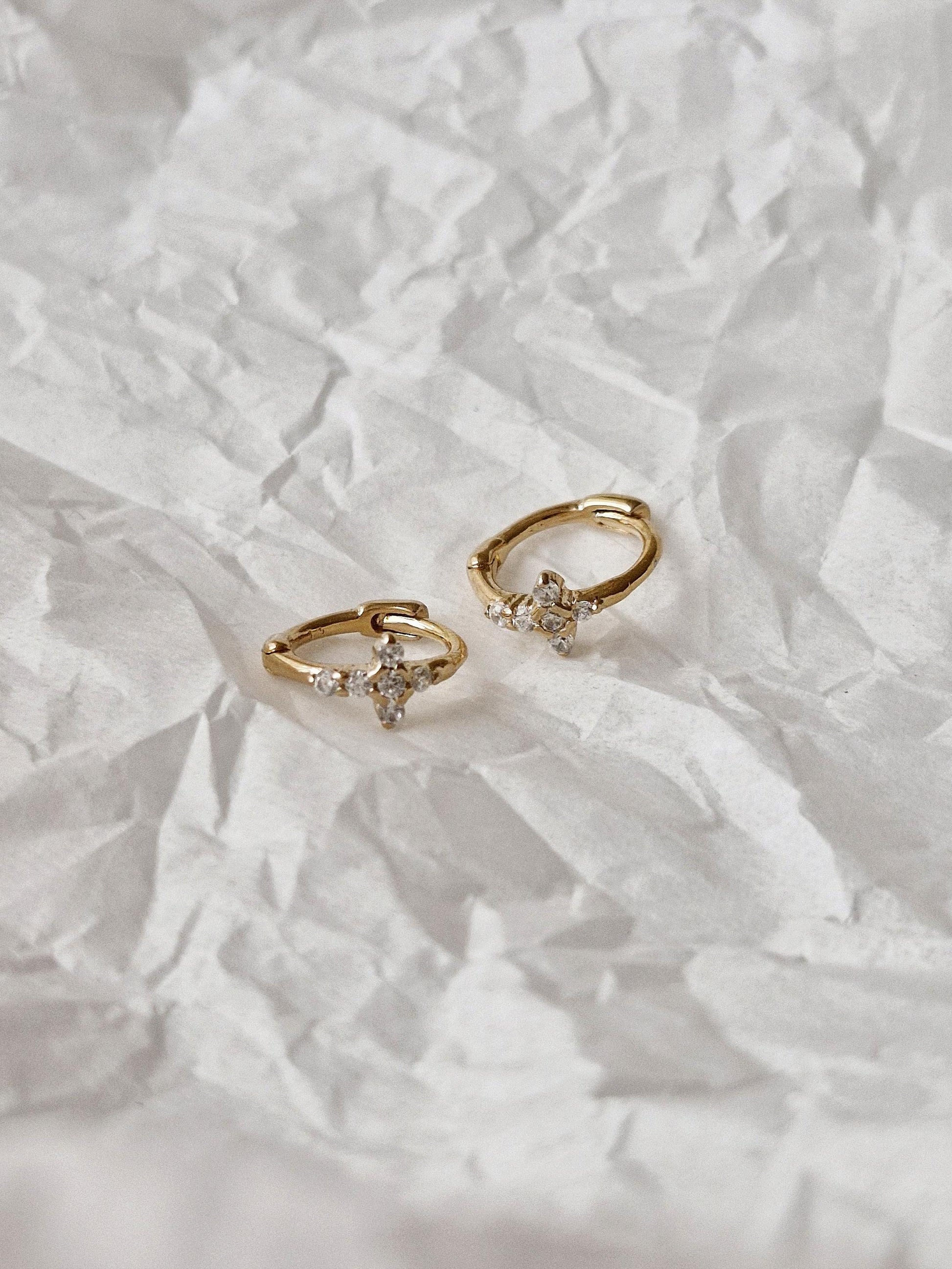 Tiny Crystal Cross Hoop Earrings. Mini cross huggie sterling silver earrings.