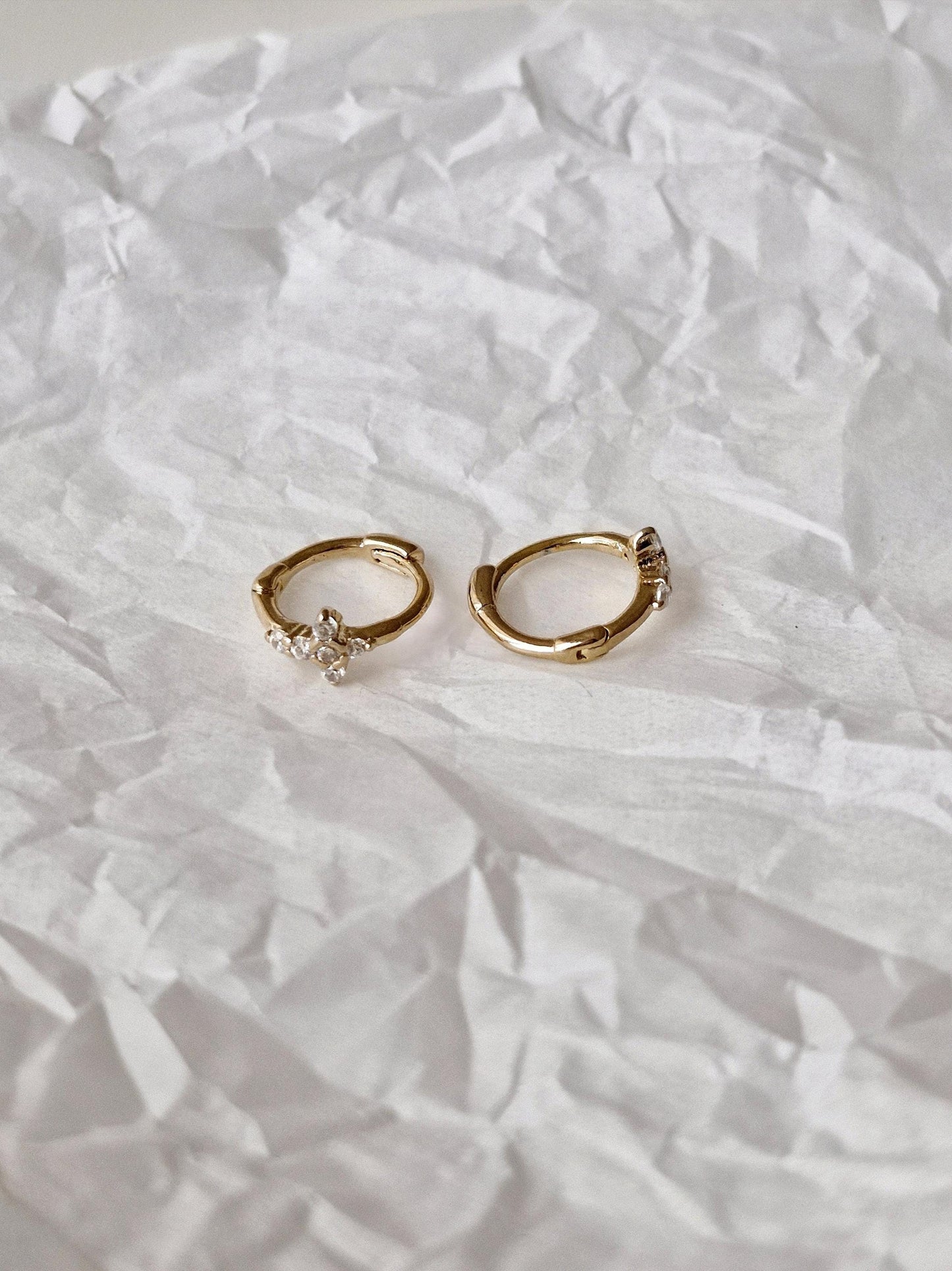 Tiny Crystal Cross Hoop Earrings. Mini cross huggie sterling silver earrings.