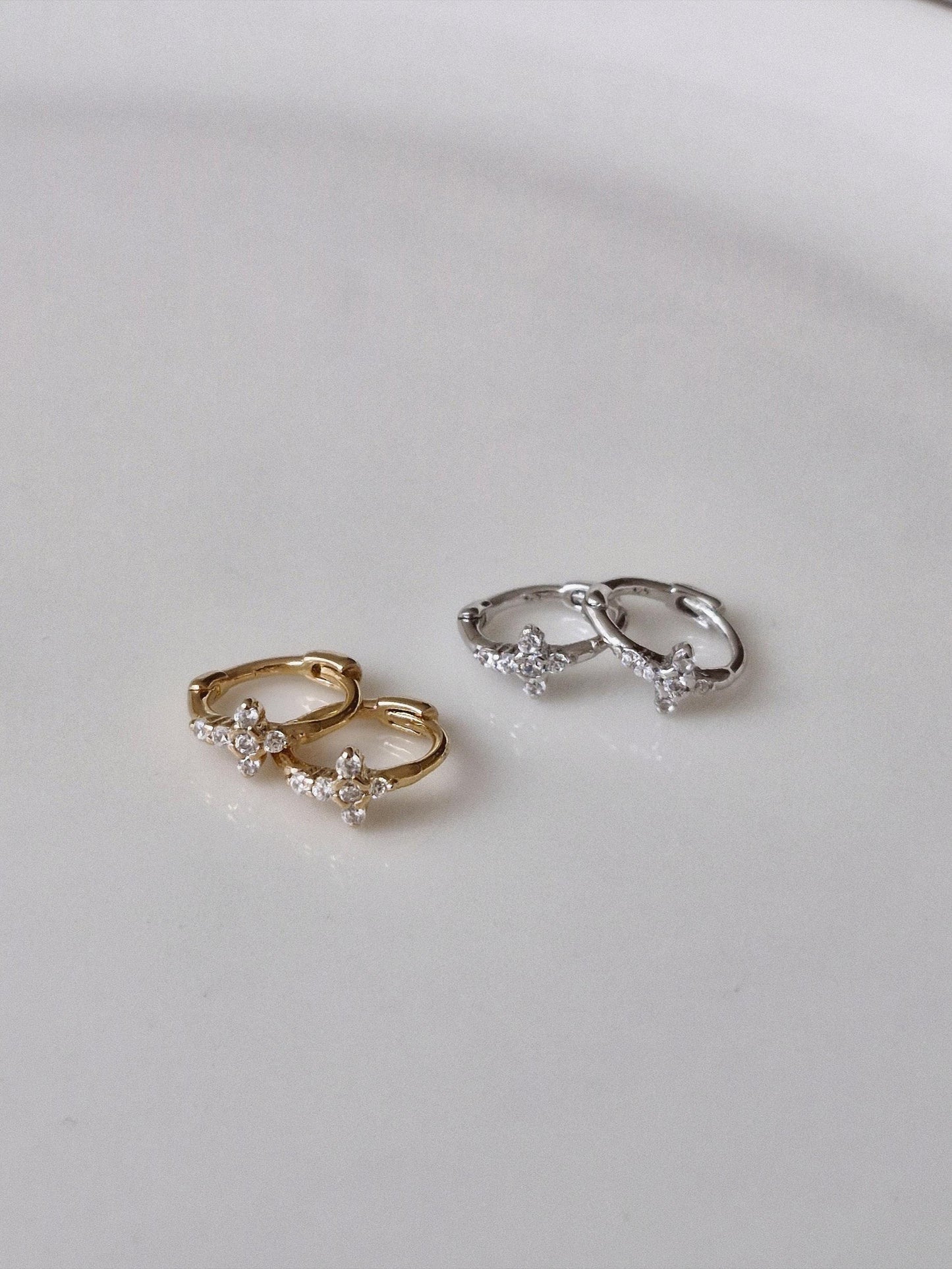 Tiny Crystal Cross Hoop Earrings. Mini cross huggie sterling silver earrings.