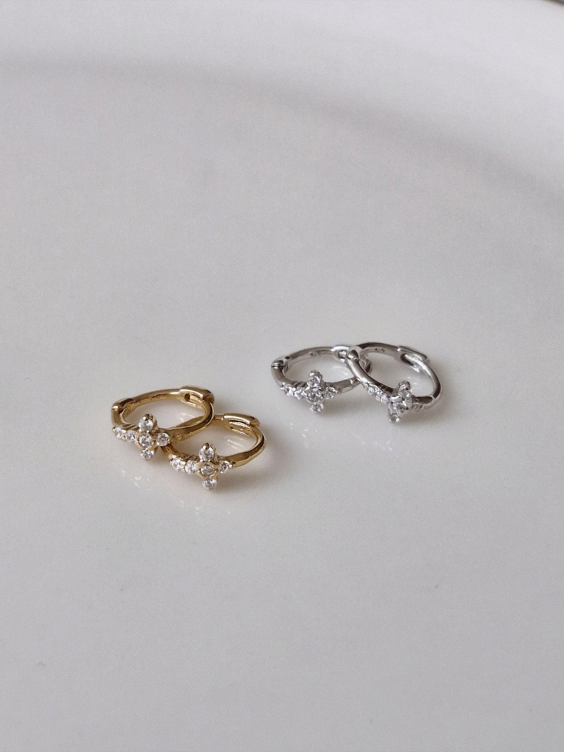 Tiny Crystal Cross Hoop Earrings. Mini cross huggie sterling silver earrings.