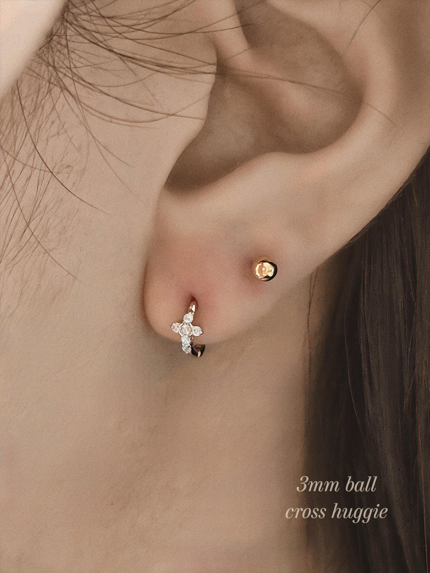 Tiny Crystal Cross Hoop Earrings. Mini cross huggie sterling silver earrings.