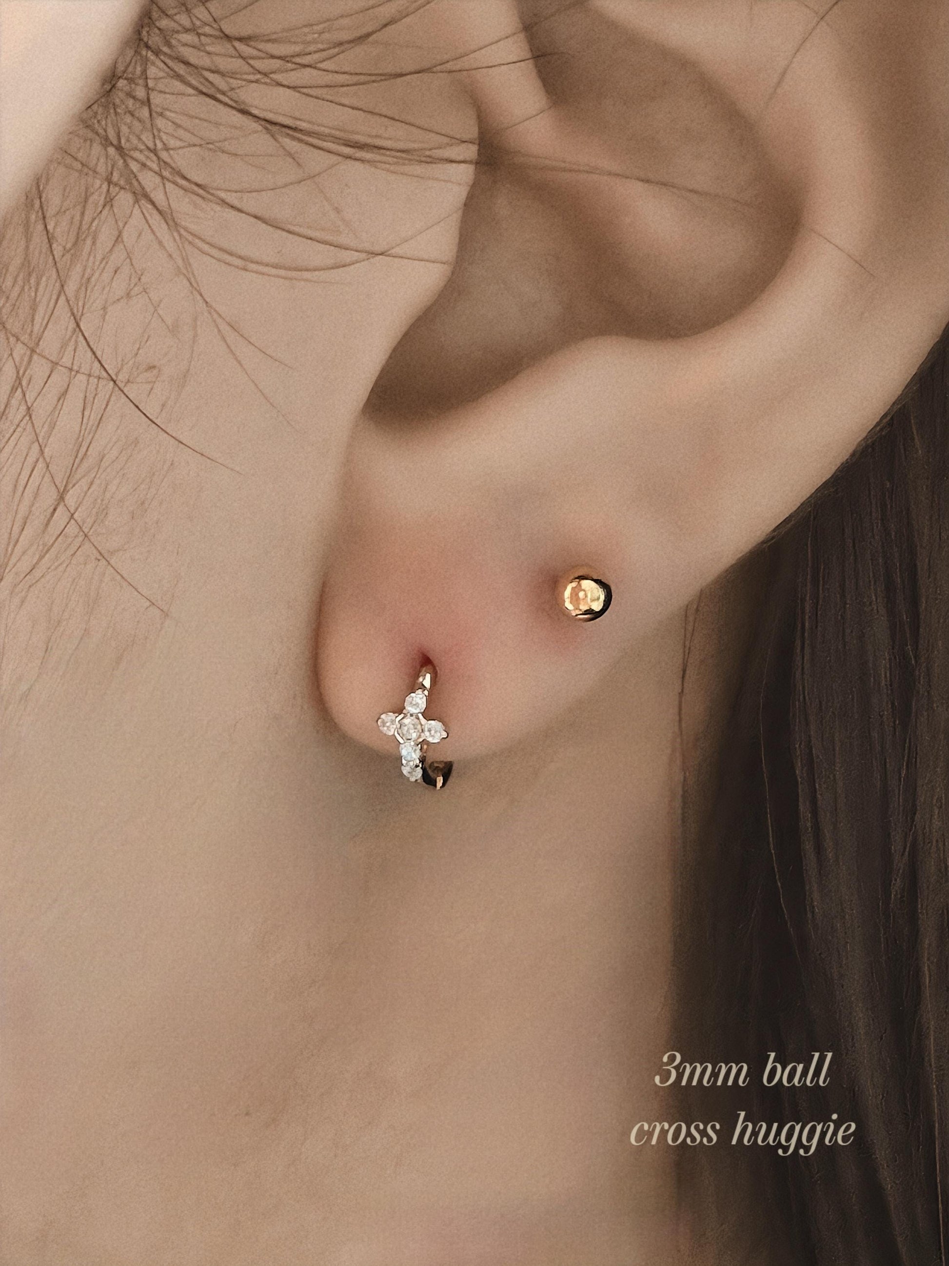 Tiny Crystal Cross Hoop Earrings. Mini cross huggie sterling silver earrings.
