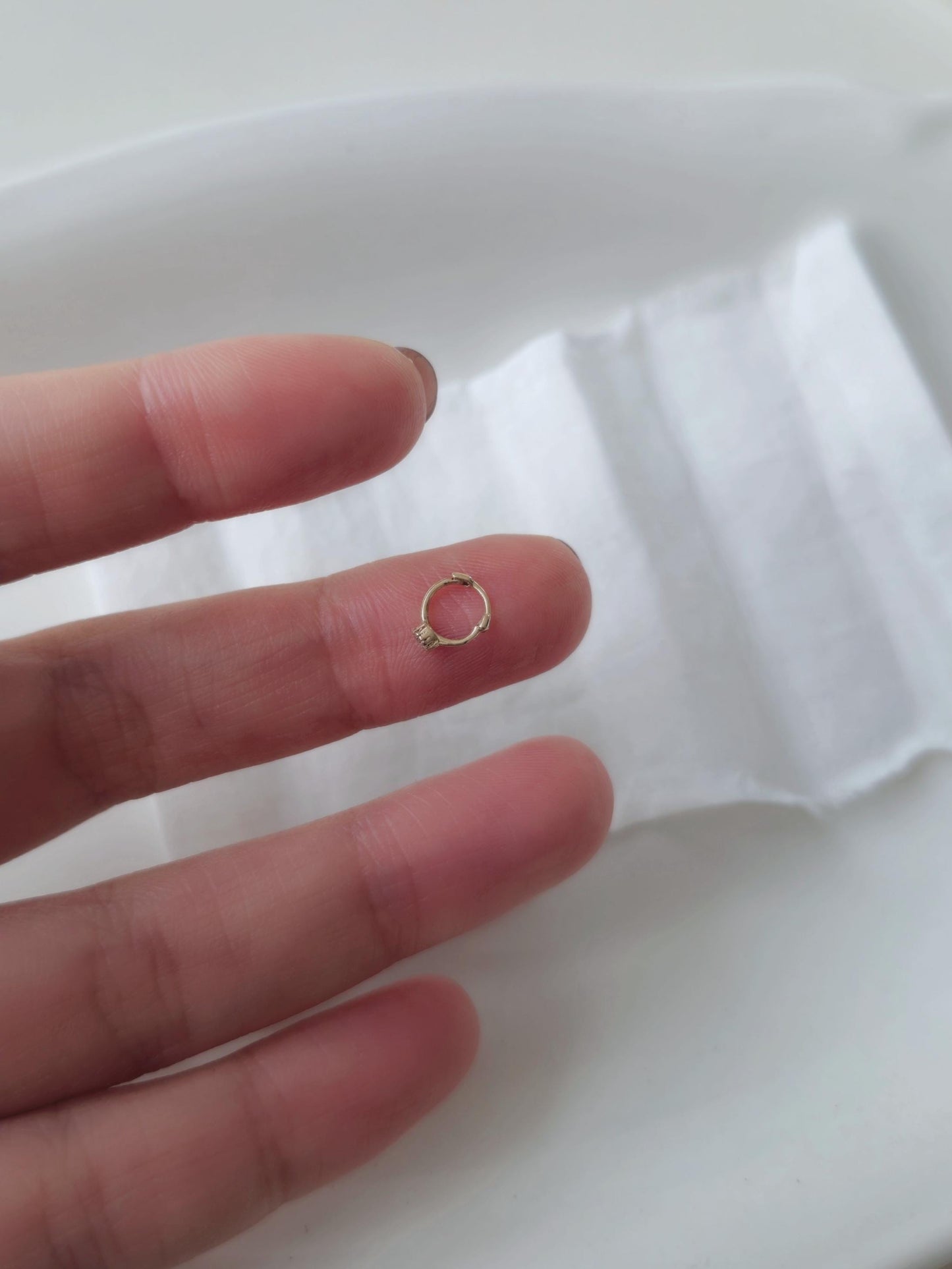 Tiny moisanite lab diamond 14k hoop earring.  solid gold hoop hinged clicker.