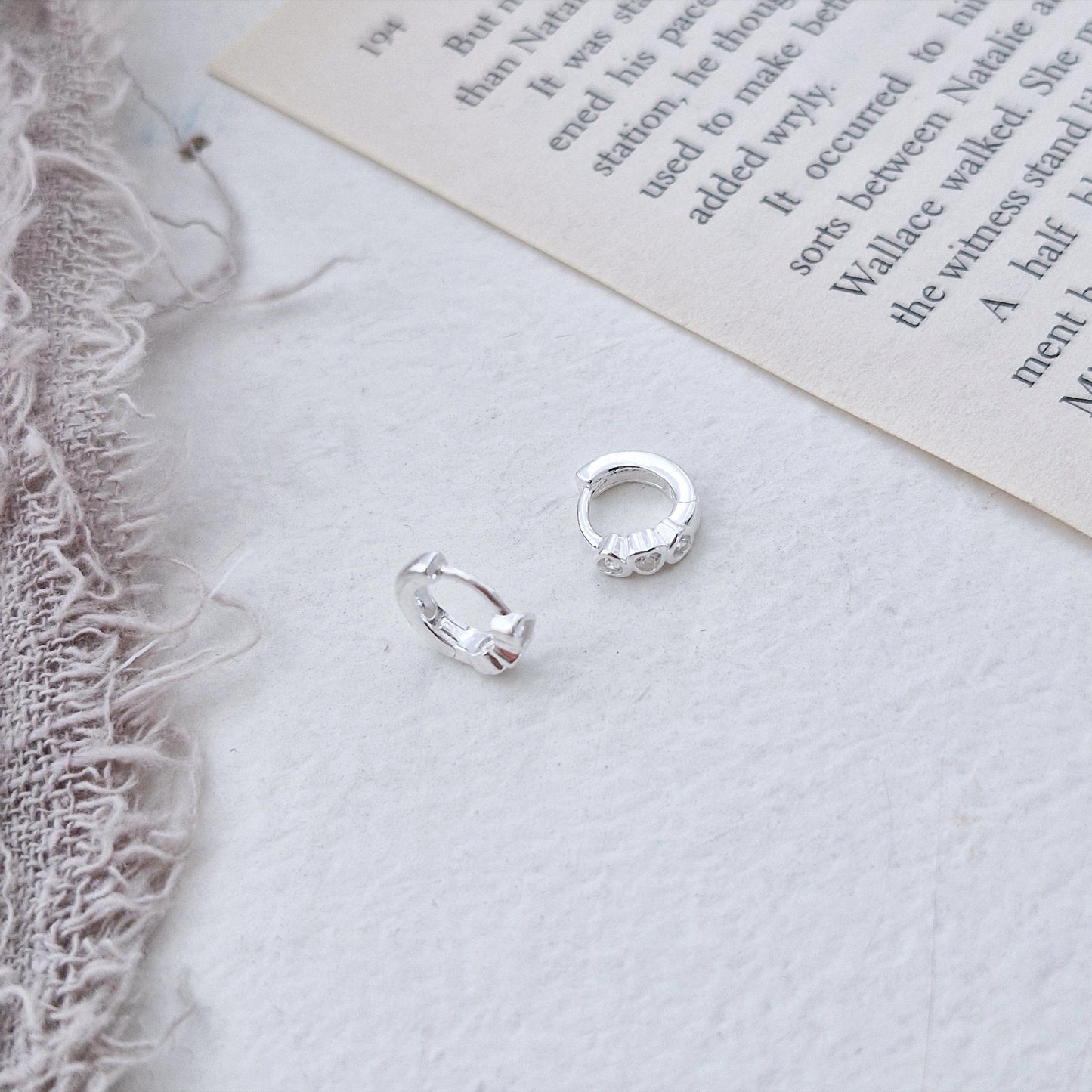 Triple Heart Huggie Earrings – Sterling Silver earring zirconia. Hinged CZ Clicker Hoop. clicker.