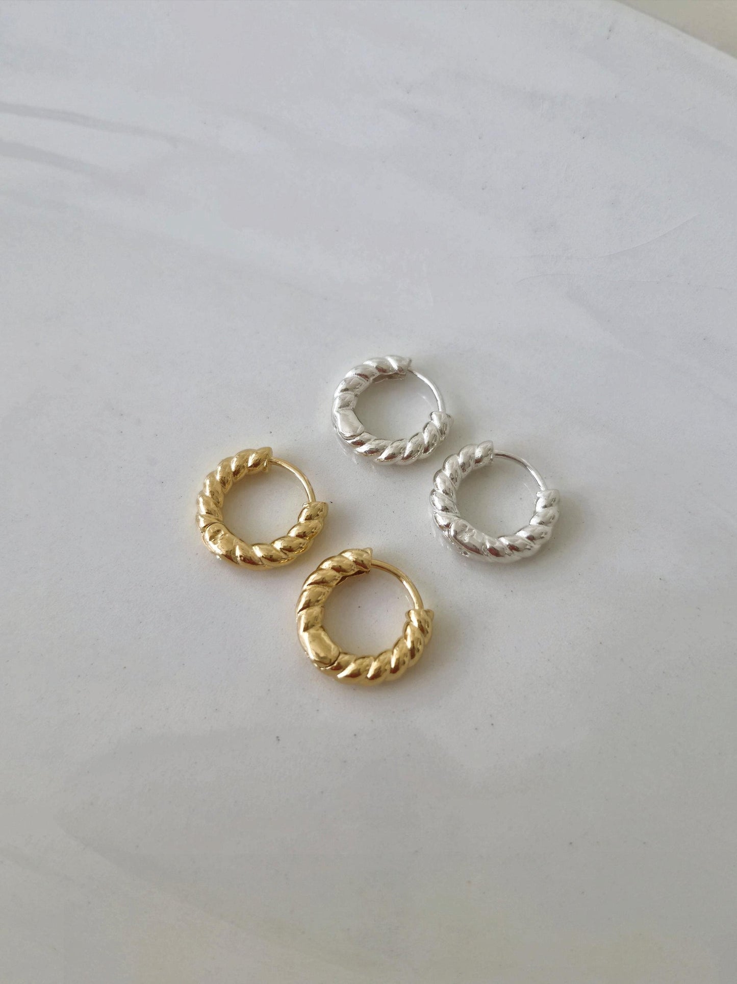 Twisted Hoop Earrings. Dainty sterling silver earrings. Twisted hinge Huggie.Croissant hoop earrings.