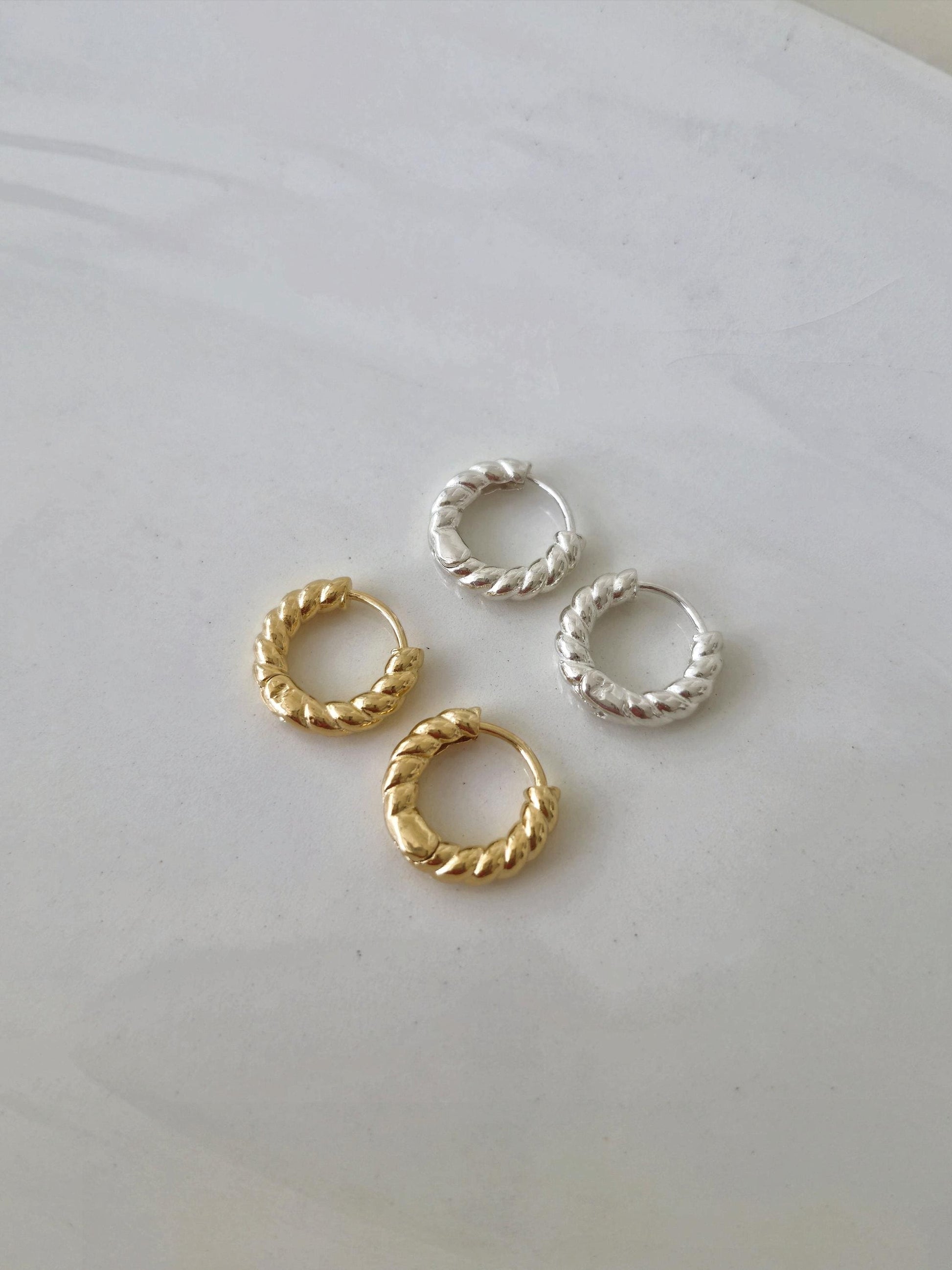 Twisted Hoop Earrings. Dainty sterling silver earrings. Twisted hinge Huggie.Croissant hoop earrings.