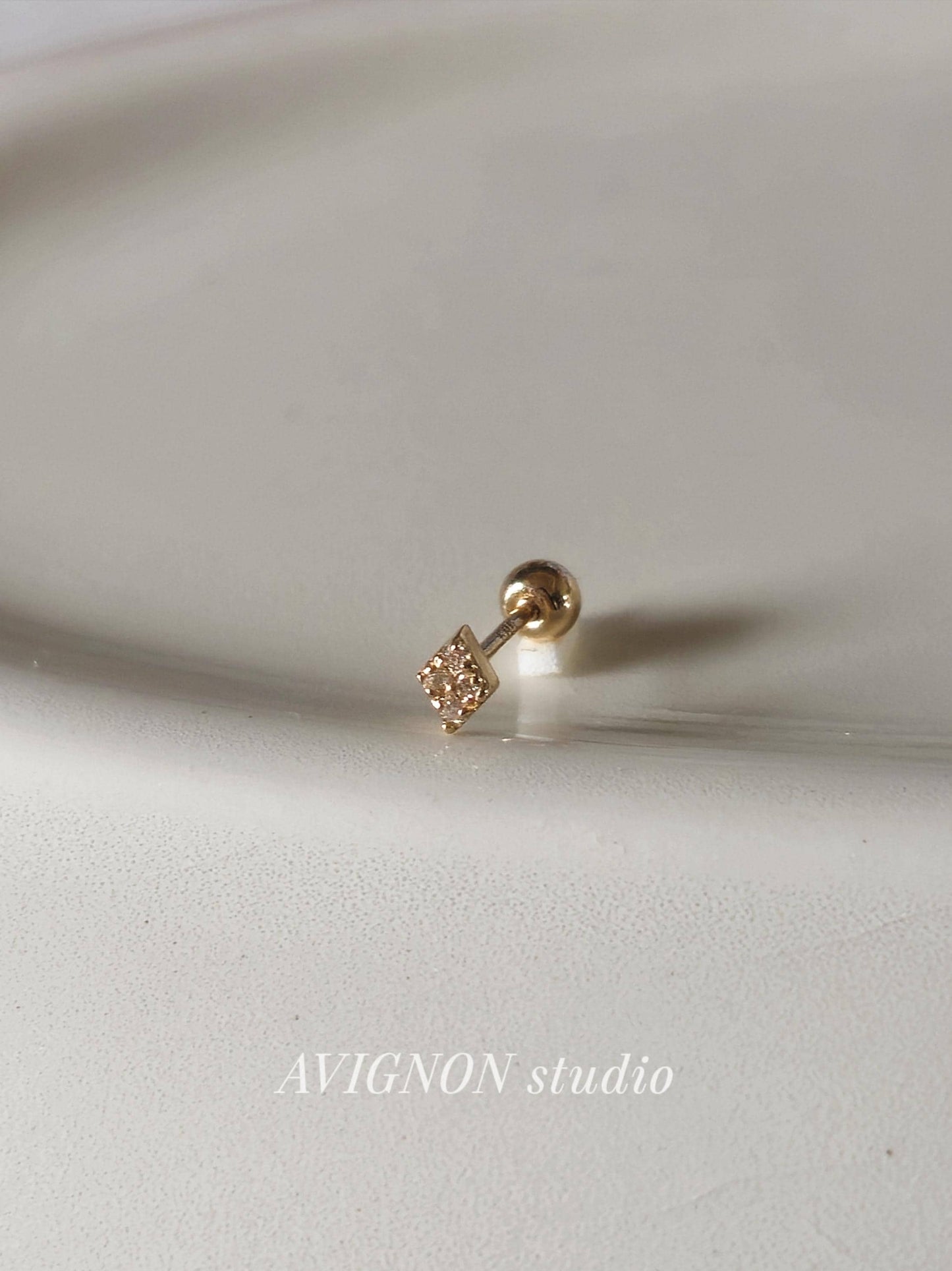 14k 18k solid gold  petit Square cluster screwball stud. Moissanite Lab diamond pave piercing.