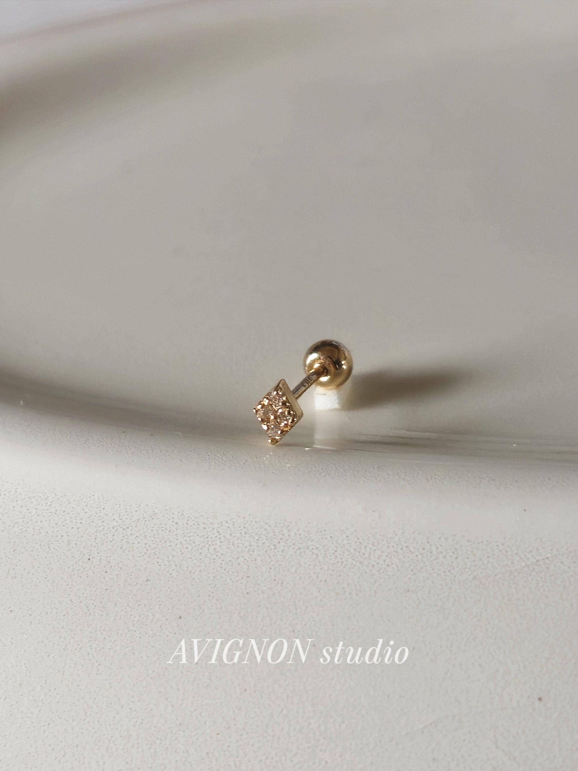 14k 18k solid gold  petit Square cluster screwball stud. Moissanite Lab diamond pave piercing.