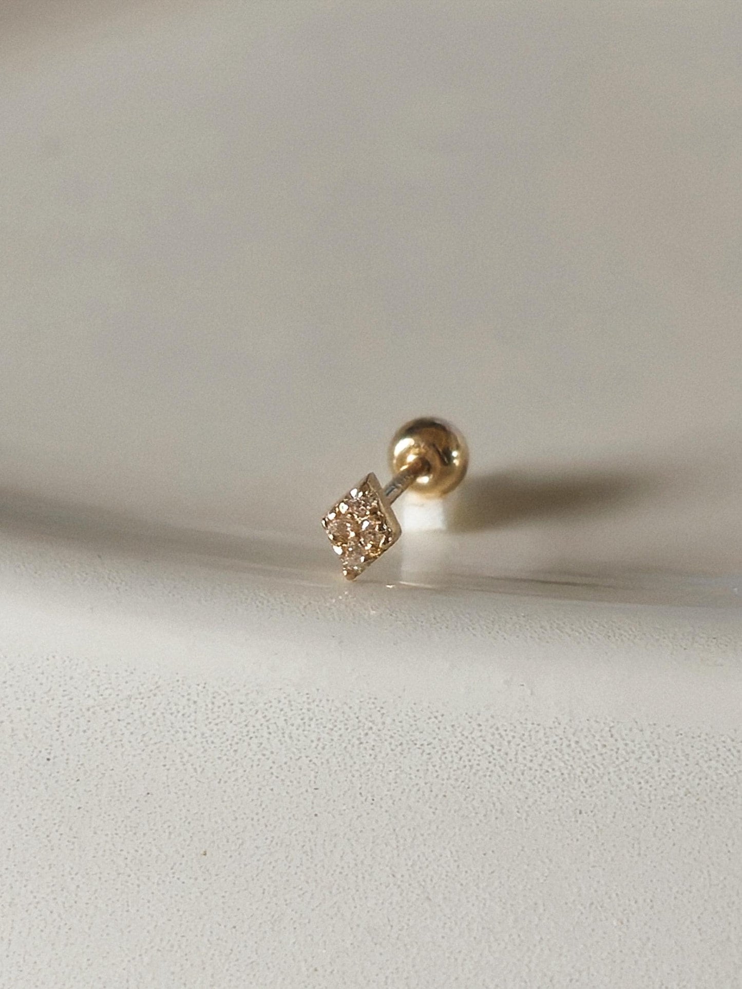 14k 18k solid gold  petit Square cluster screwball stud. Moissanite Lab diamond pave piercing.