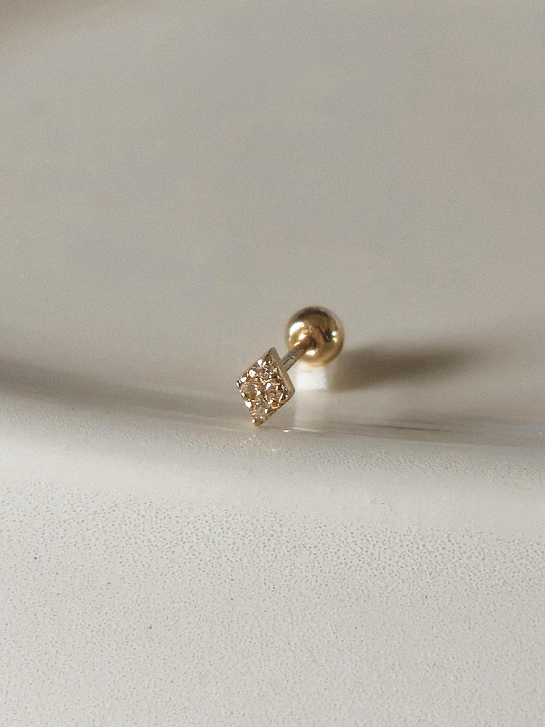 14k 18k solid gold  petit Square cluster screwball stud. Moissanite Lab diamond pave piercing.