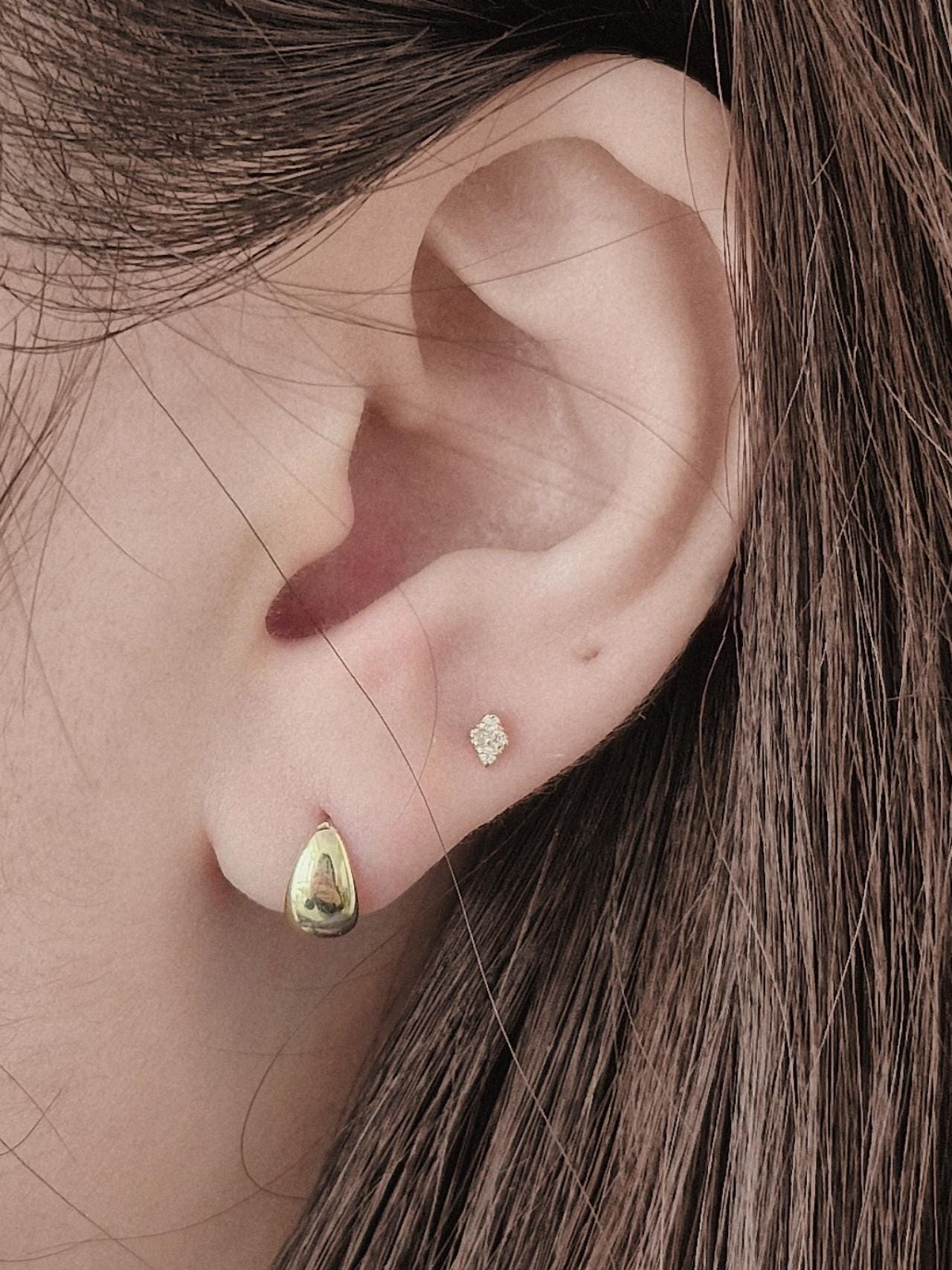 14k 18k solid gold  petit Square cluster screwball stud. Moissanite Lab diamond pave piercing.