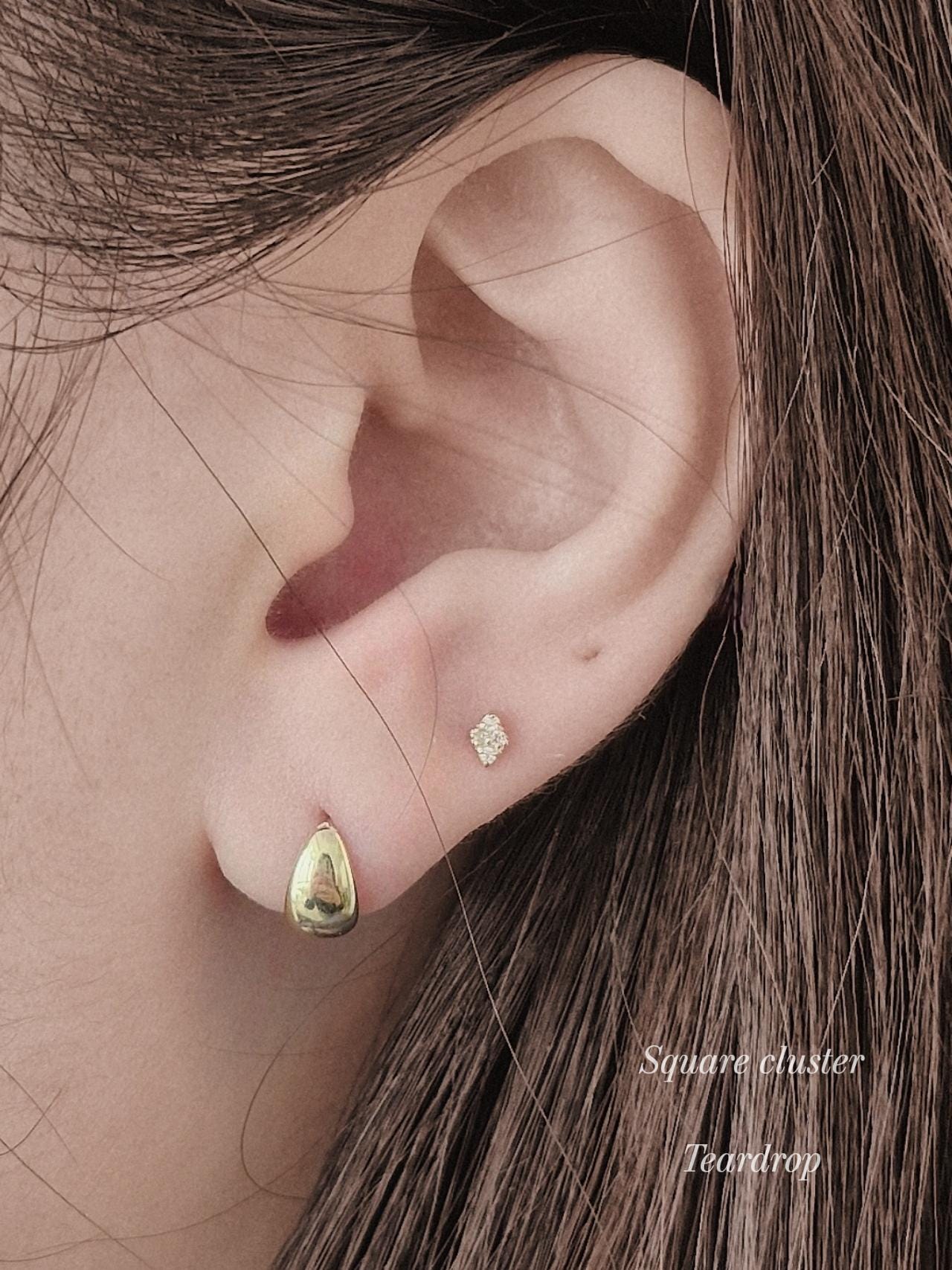 14k 18k solid gold  petit Square cluster screwball stud. Moissanite Lab diamond pave piercing.
