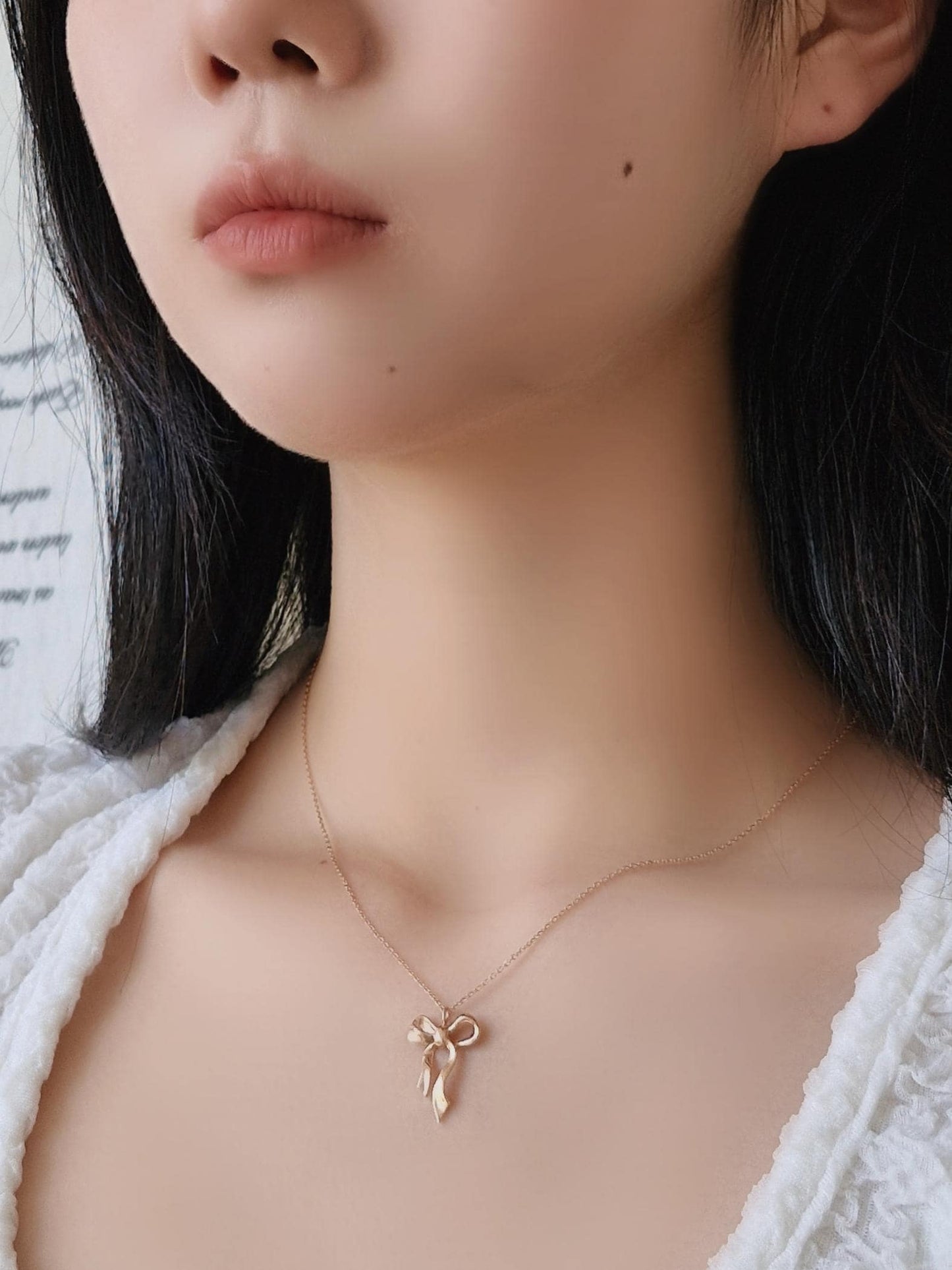 14k ribbon necklace lovely. bow necklace. solid gold necklace. gift propose.