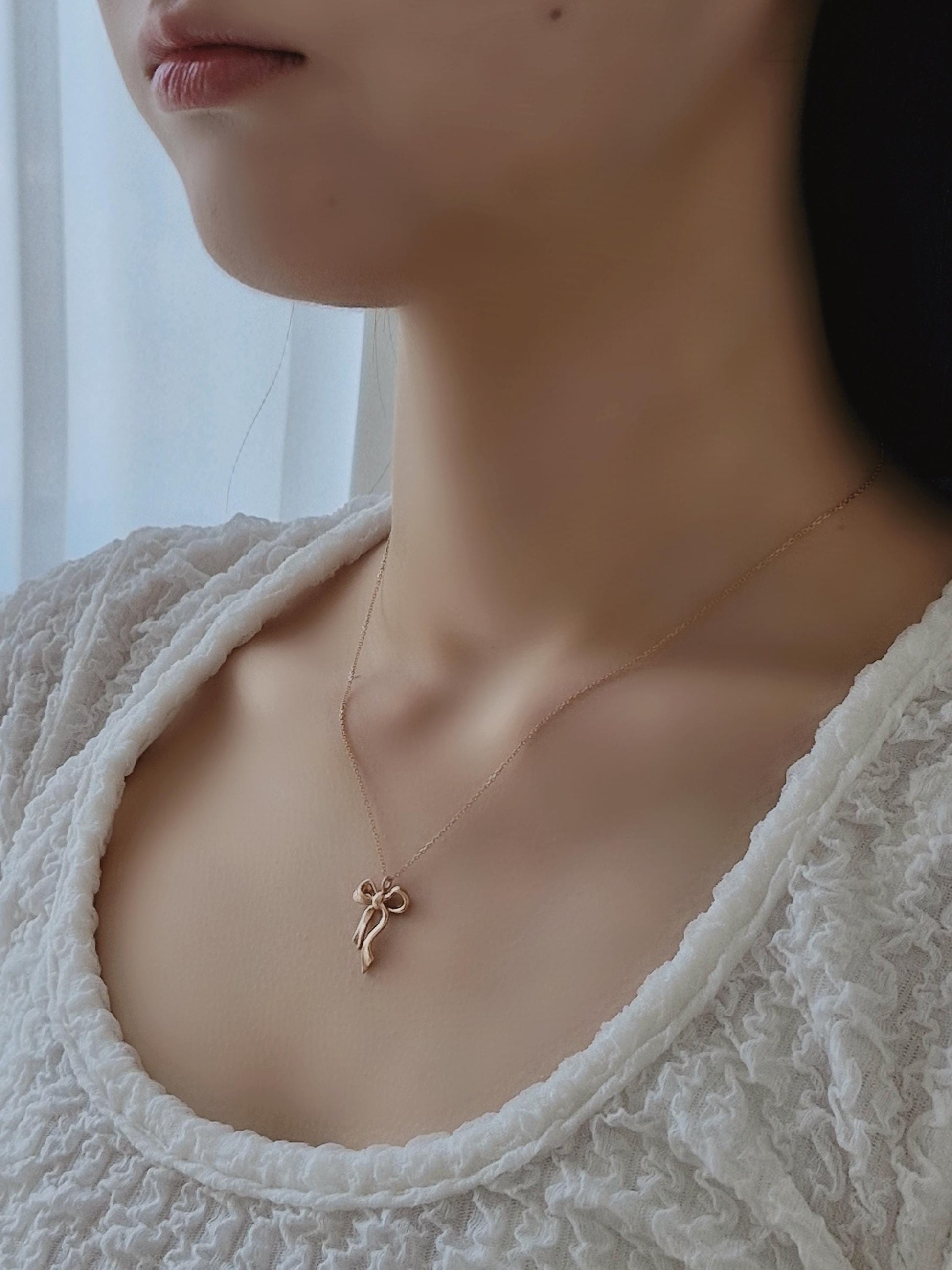 14k ribbon necklace lovely. bow necklace. solid gold necklace. gift propose.