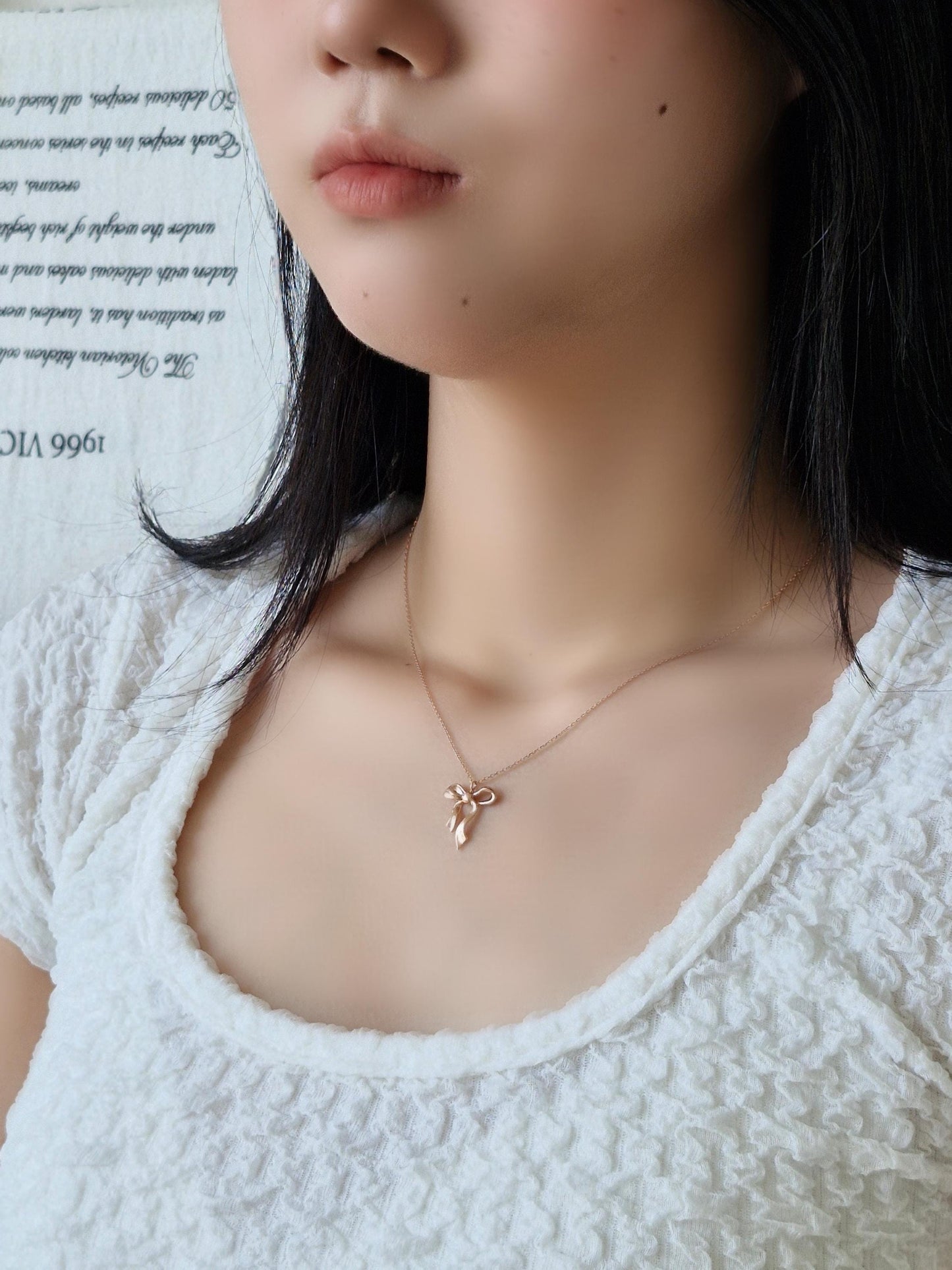 14k ribbon necklace lovely. bow necklace. solid gold necklace. gift propose.