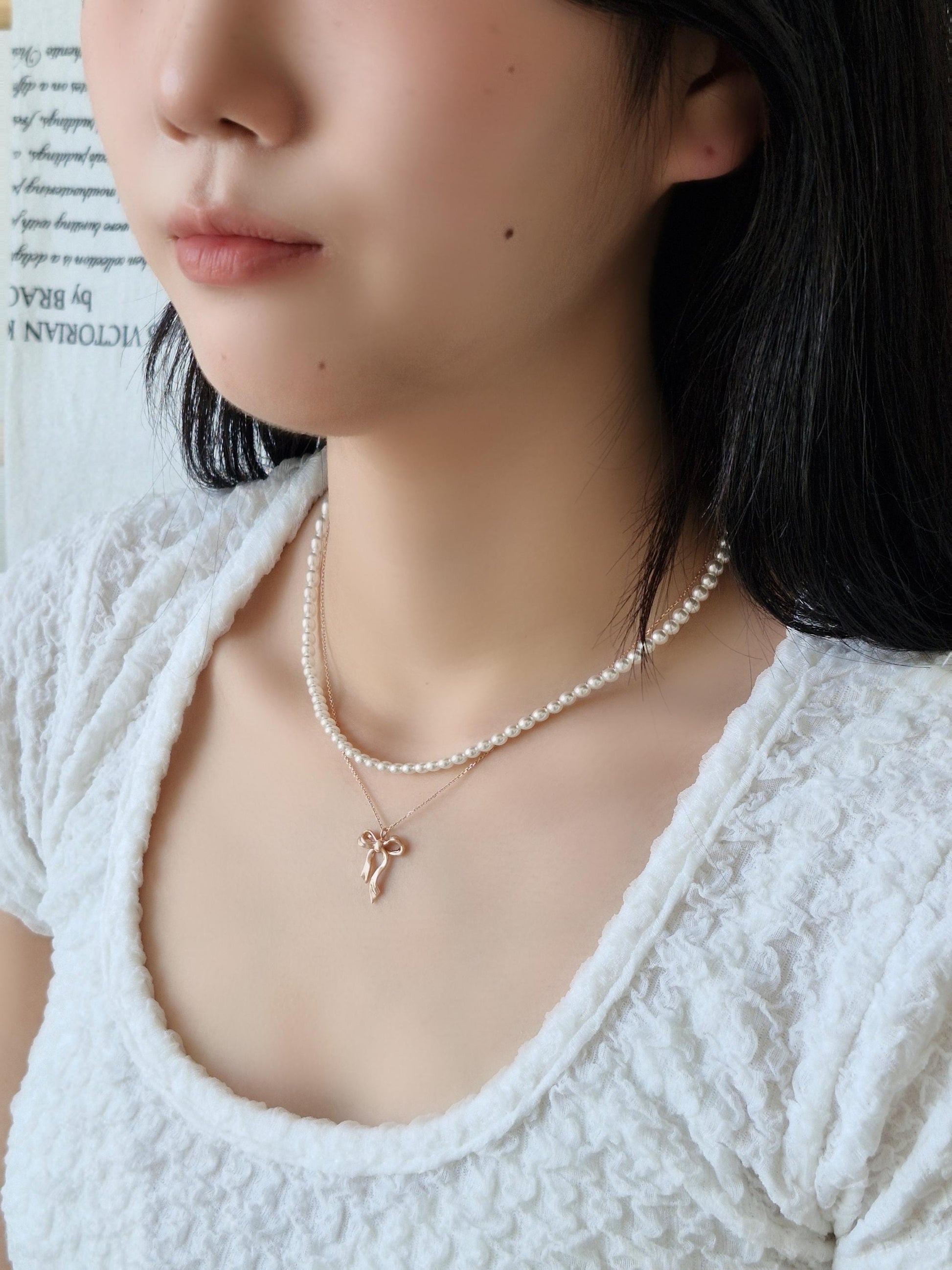 14k ribbon necklace lovely. bow necklace. solid gold necklace. gift propose.