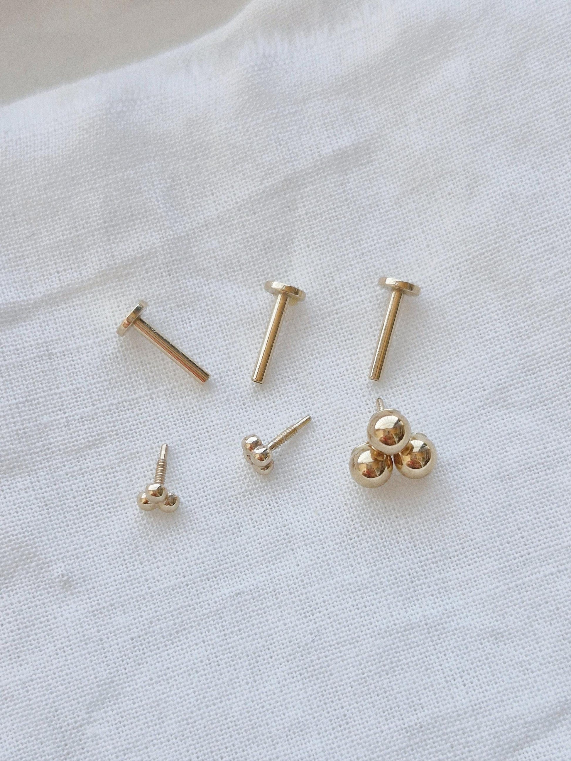 14k solid gold 3ball 4ball tiny labret piercing. 14k gold labret. Ball labret.