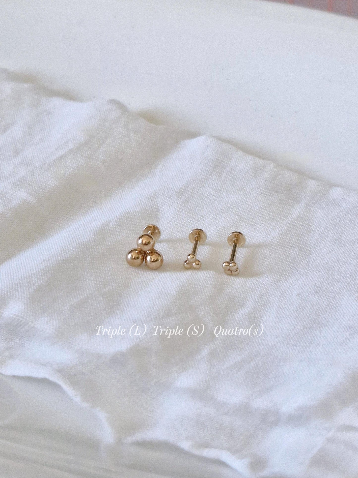 14k solid gold 3ball 4ball tiny labret piercing. 14k gold labret. Ball labret.