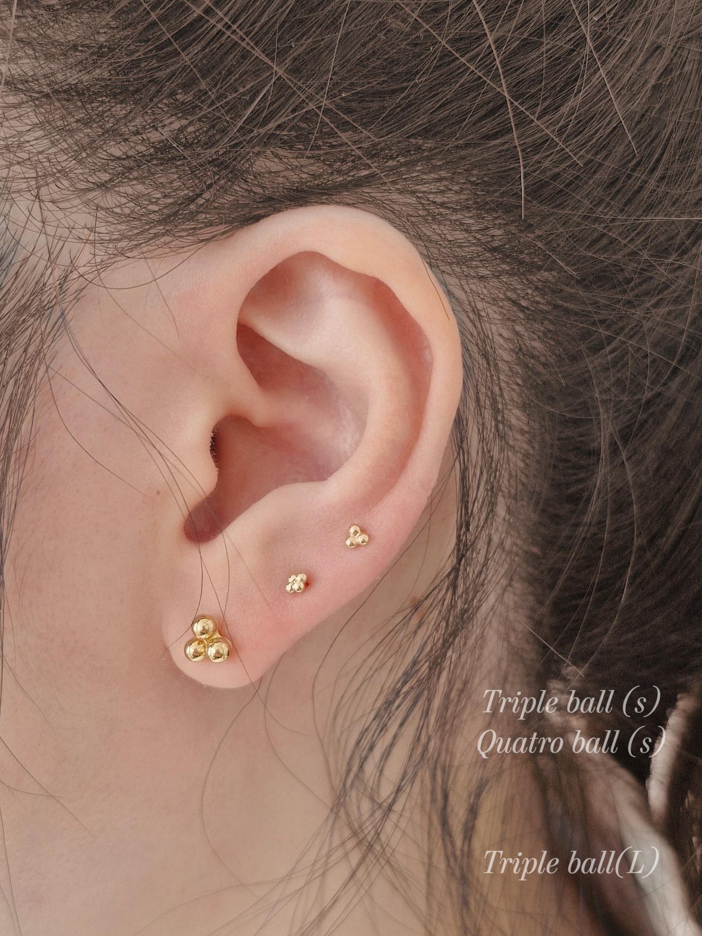 14k solid gold 3ball 4ball tiny labret piercing. 14k gold labret. Ball labret.