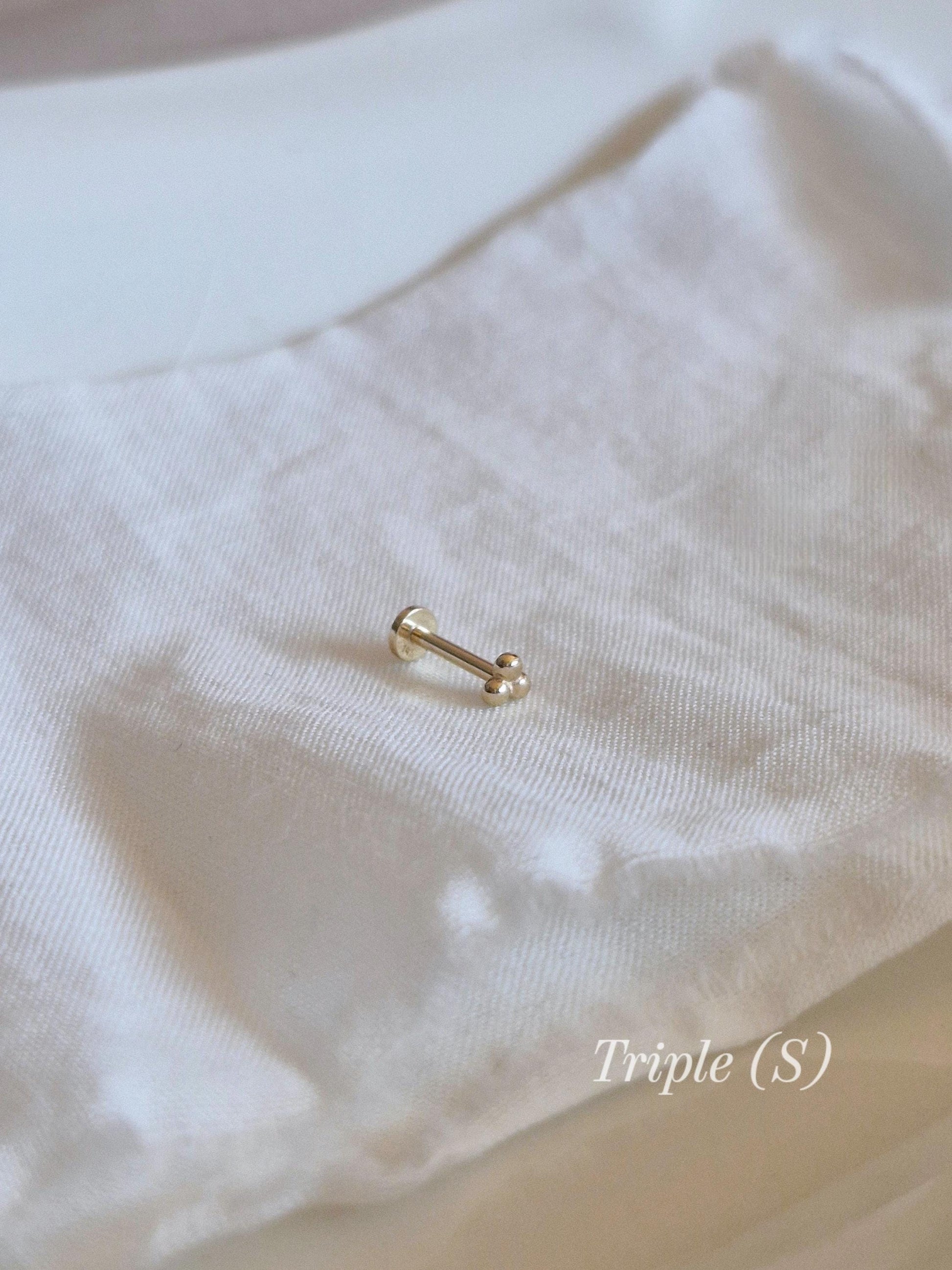 14k solid gold 3ball 4ball tiny labret piercing. 14k gold labret. Ball labret.