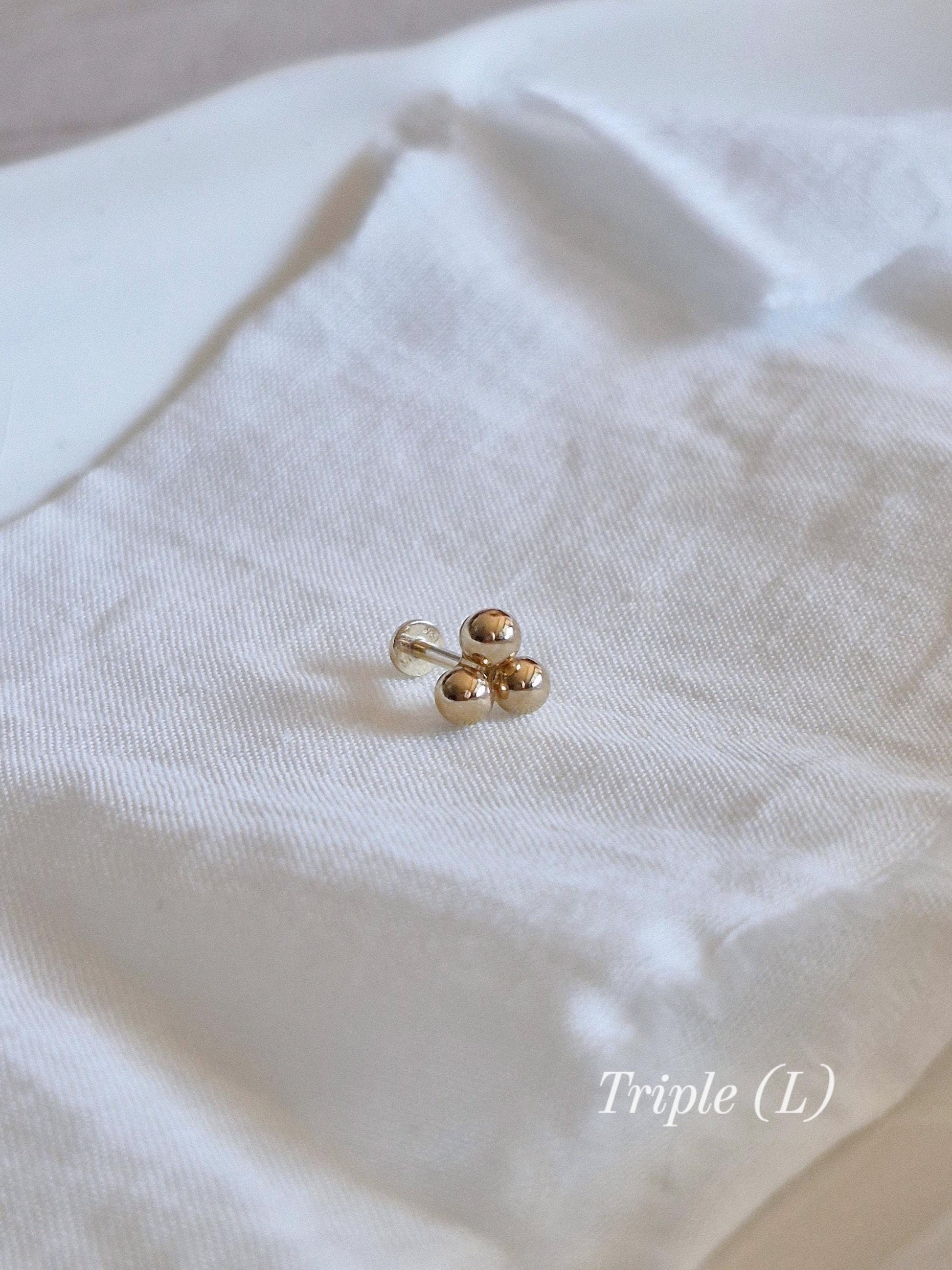14k solid gold 3ball 4ball tiny labret piercing. 14k gold labret. Ball labret.