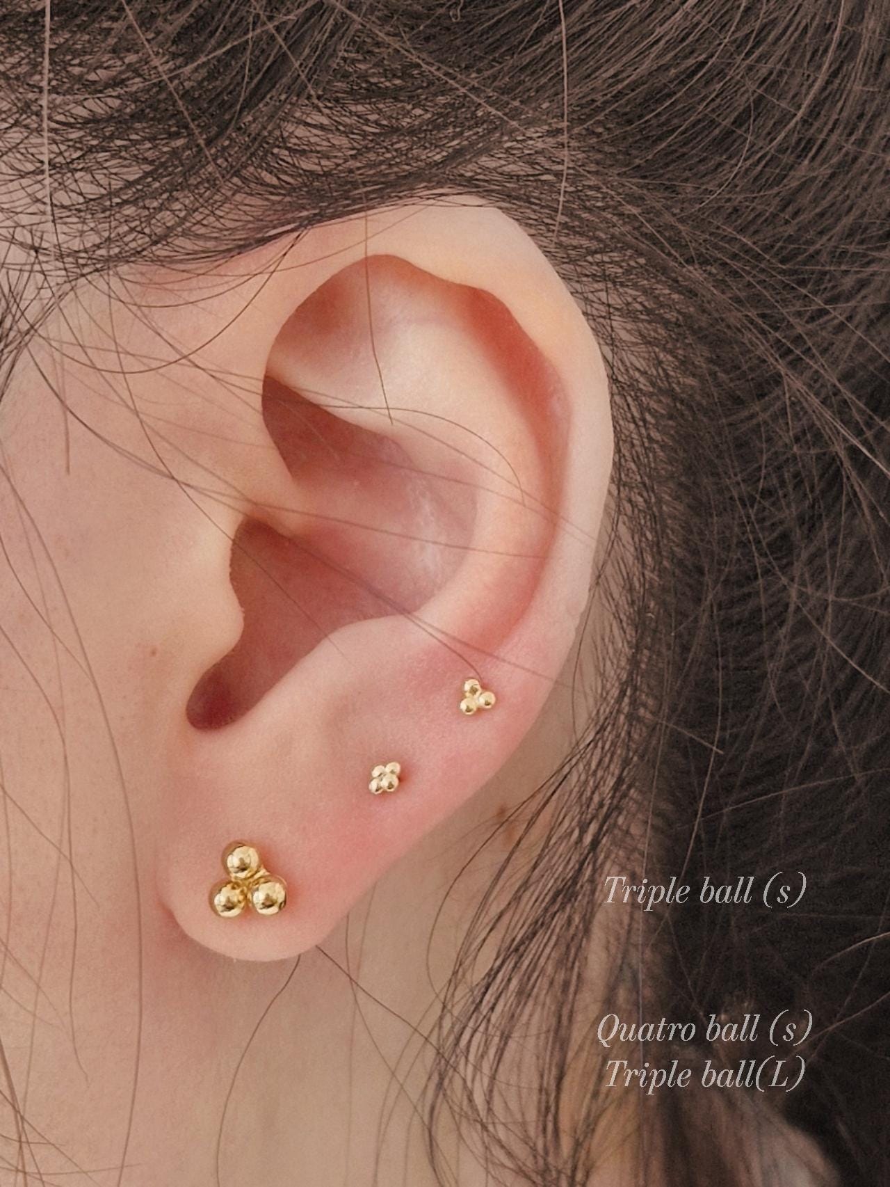 14k solid gold 3ball 4ball tiny labret piercing. 14k gold labret. Ball labret.