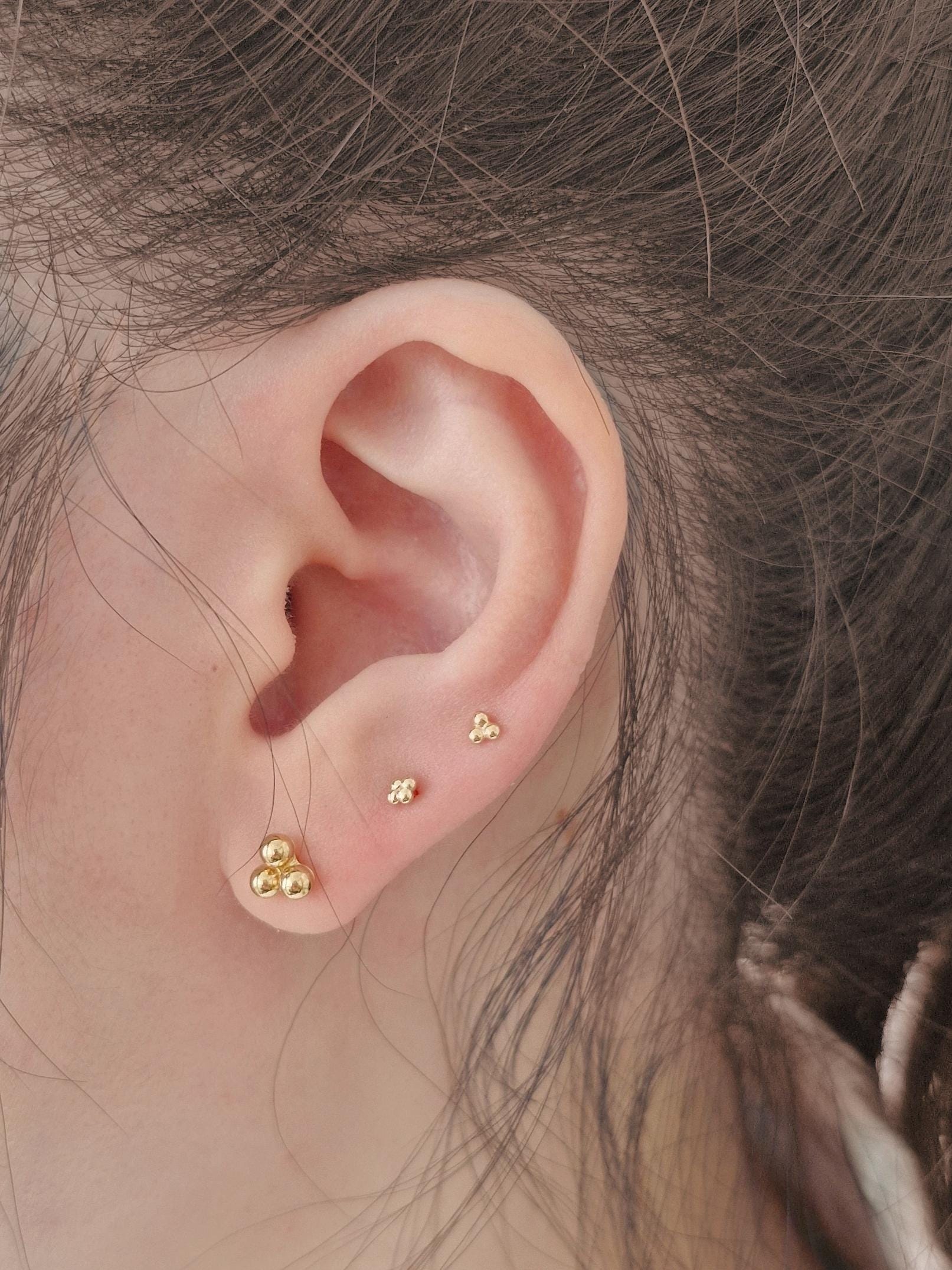 14k solid gold 3ball 4ball tiny labret piercing. 14k gold labret. Ball labret.