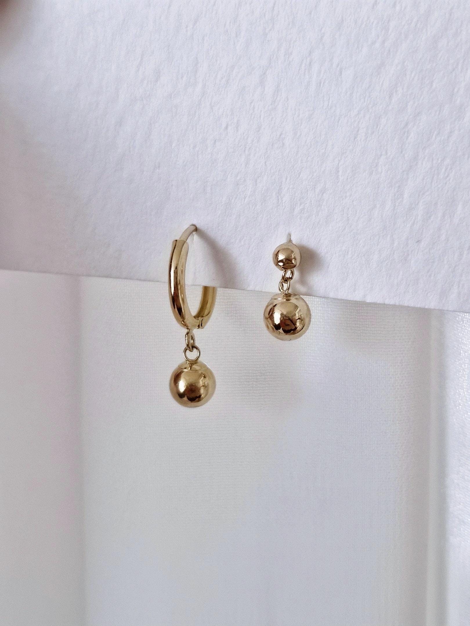 14k solid gold ball drop hoop earring. gold earring.