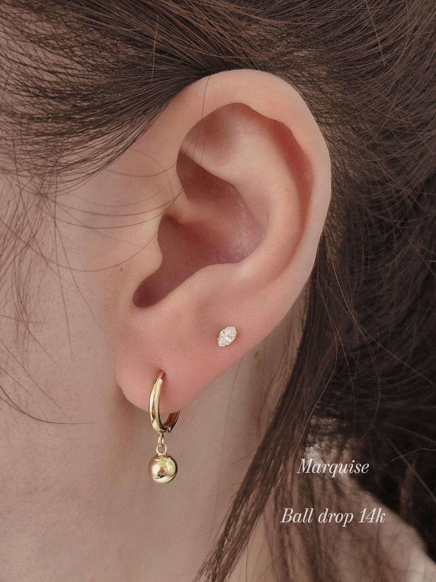 14k solid gold ball drop hoop earring. gold earring.