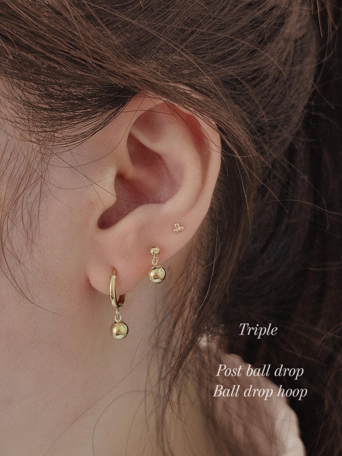 14k solid gold ball drop hoop earring. gold earring.