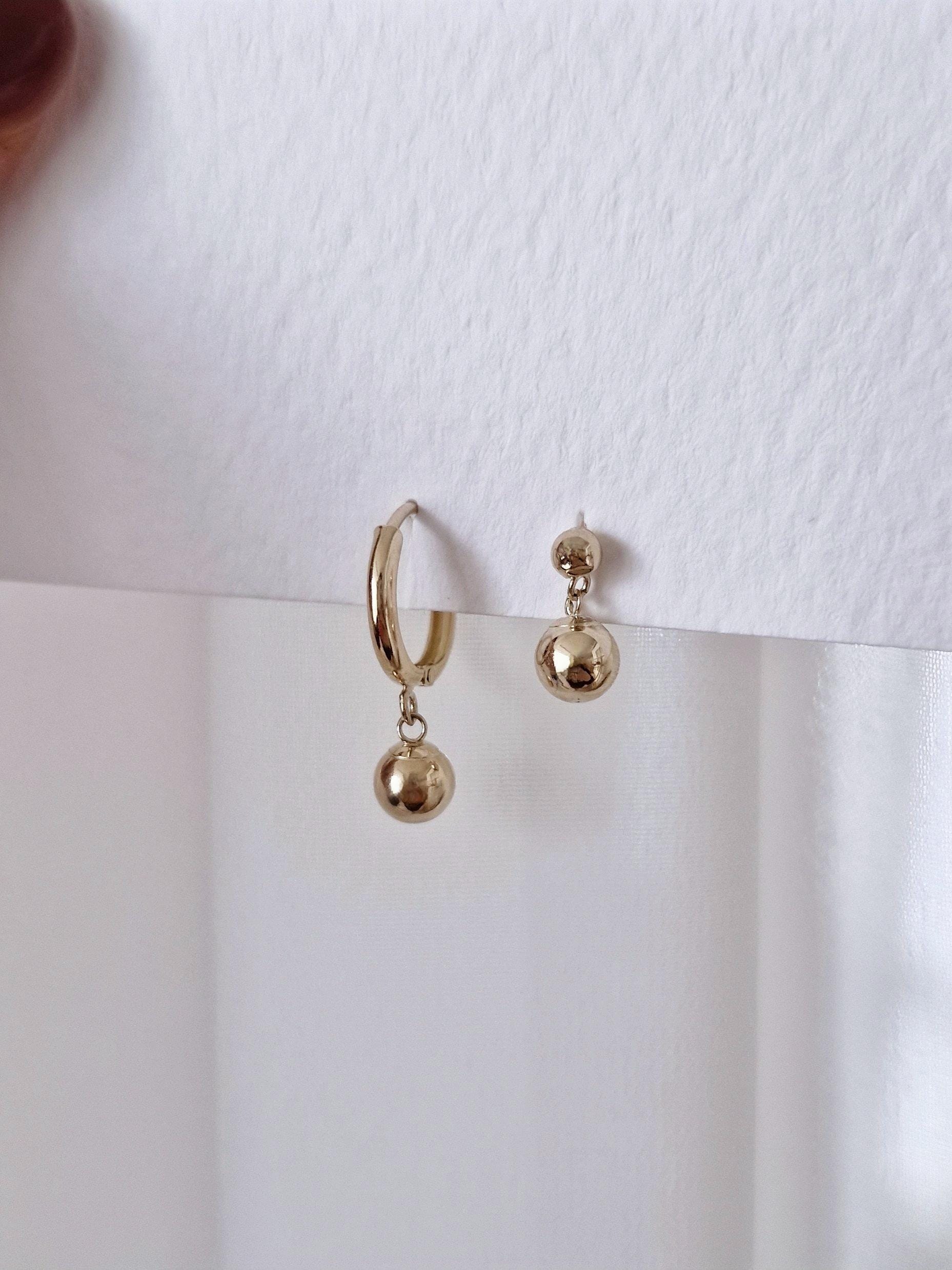 14k solid gold ball drop hoop earring. gold earring.