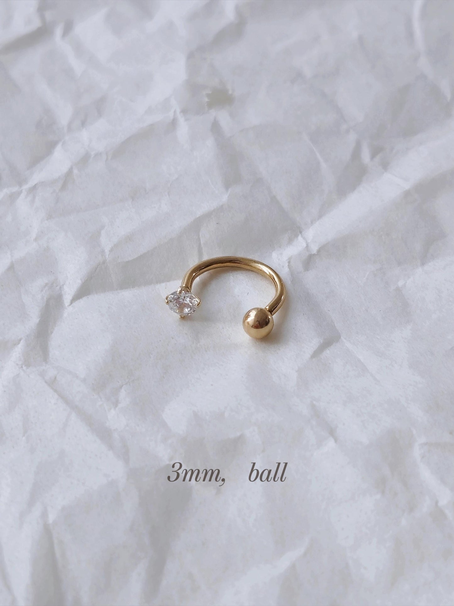 14k solid gold curve tube piercing. 2mm 3mm cubic ball piercing. U-shaped hoop.