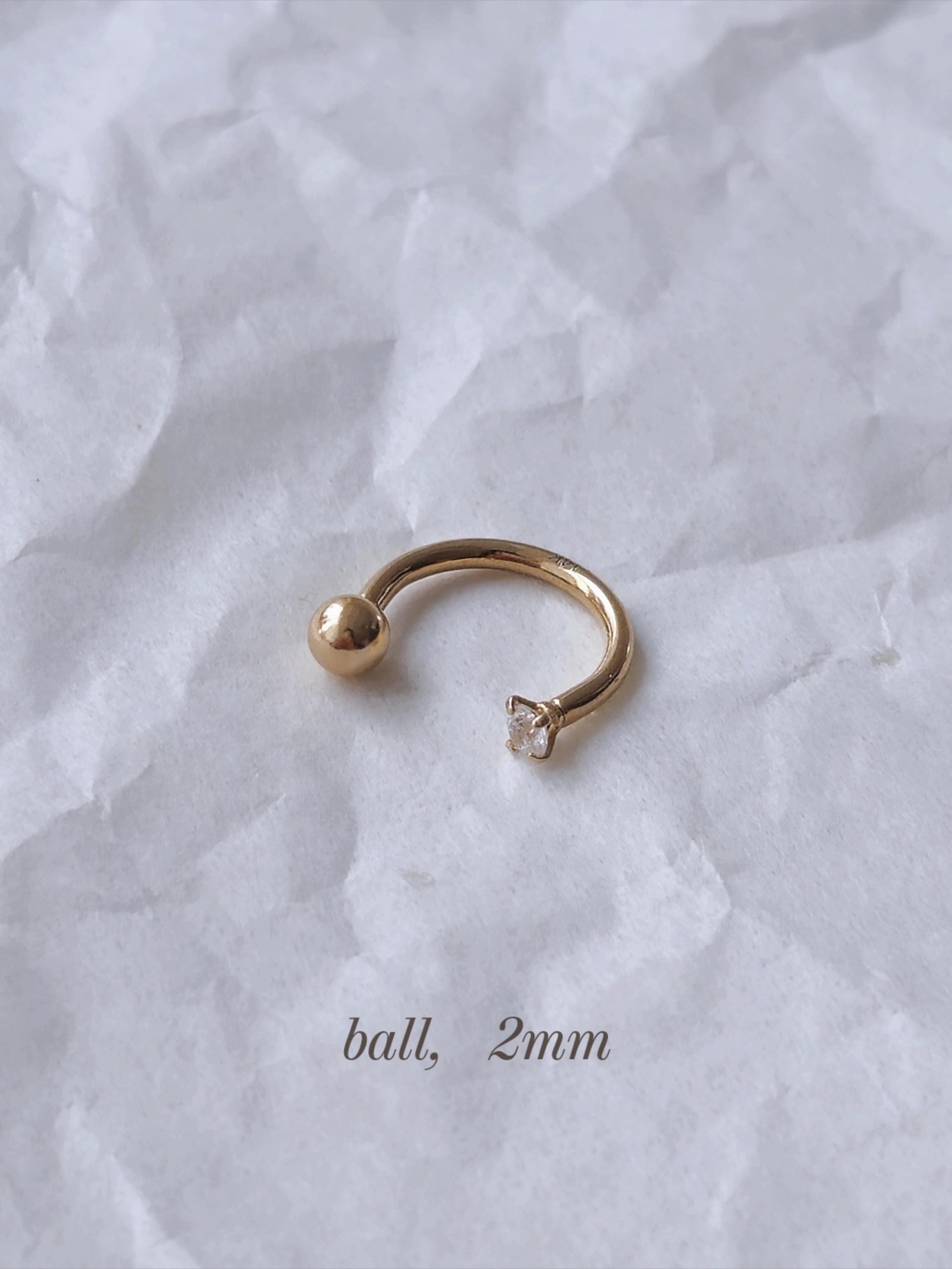 14k solid gold curve tube piercing. 2mm 3mm cubic ball piercing. U-shaped hoop.
