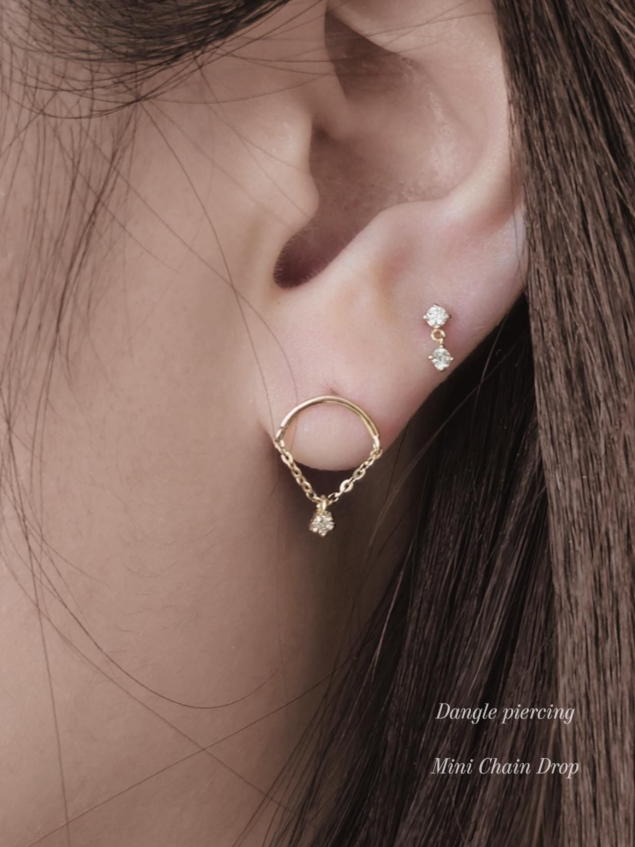 14k solid gold mini chaindrop piercing. Moissanite, lab diamond.