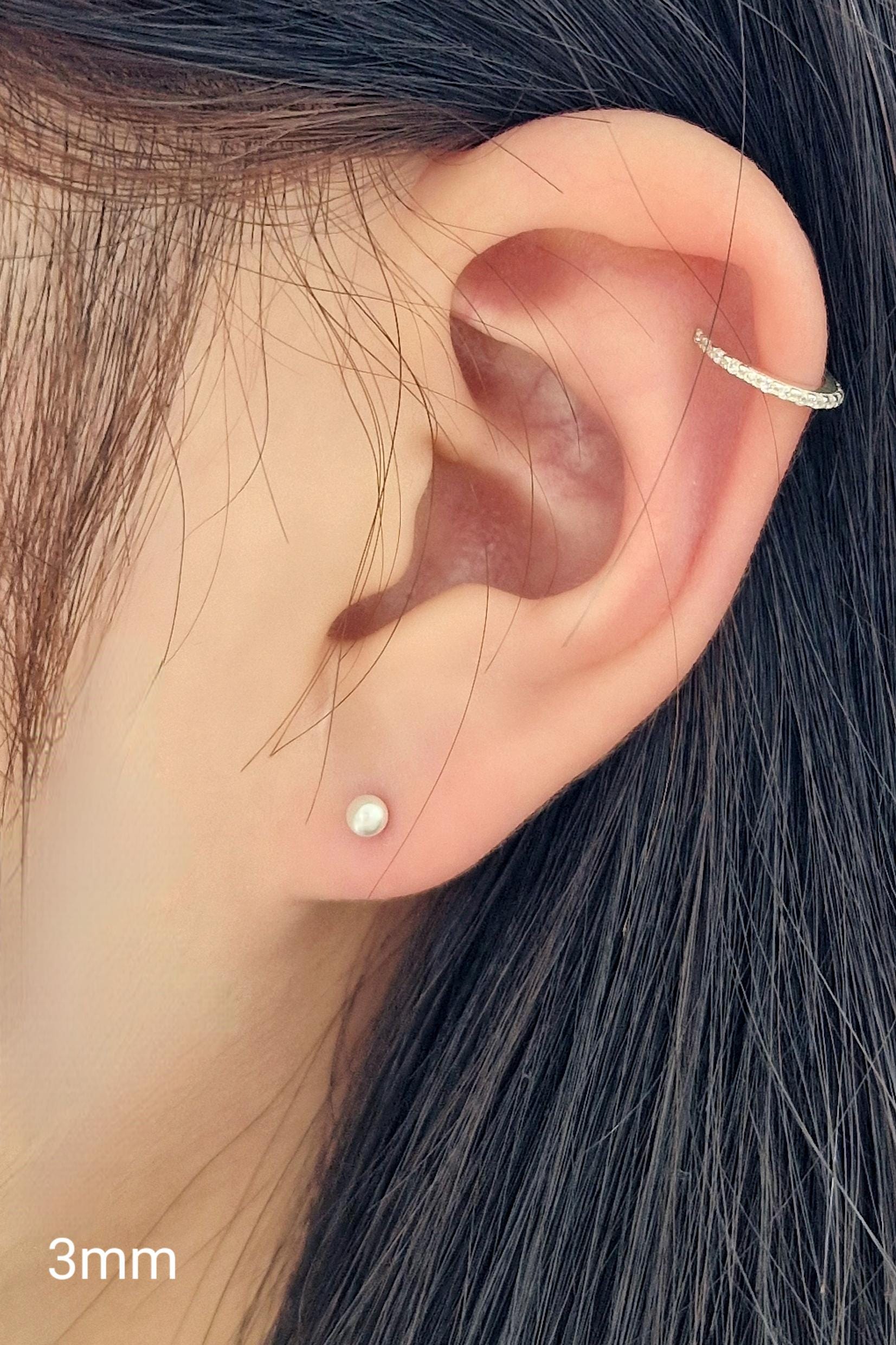 14k solid gold pearl screwball earrings barbell stud piercing. 3mm 4mm 5mm pearl earrings piercing. 21G. Swarovski, freshwater real pearl.