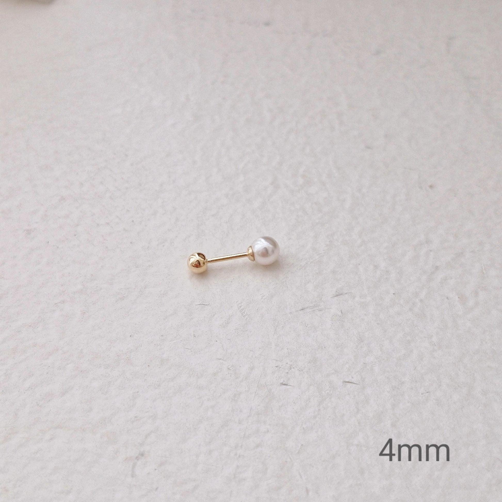14k solid gold pearl screwball earrings barbell stud piercing. 3mm 4mm 5mm pearl earrings piercing. 21G. Swarovski, freshwater real pearl.