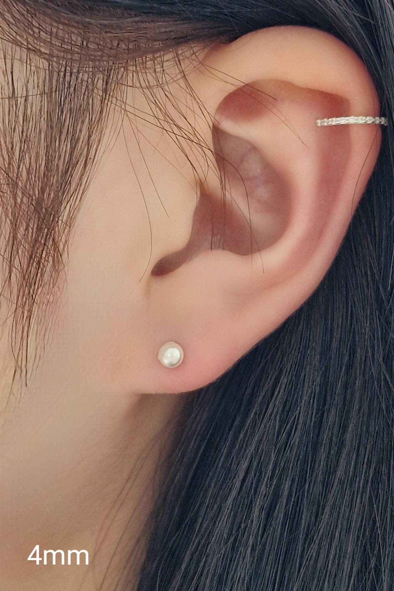 14k solid gold pearl screwball earrings barbell stud piercing. 3mm 4mm 5mm pearl earrings piercing. 21G. Swarovski, freshwater real pearl.