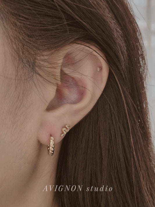 14k solid gold snake piercing. gold screw ball stud. snake stud. real gold.