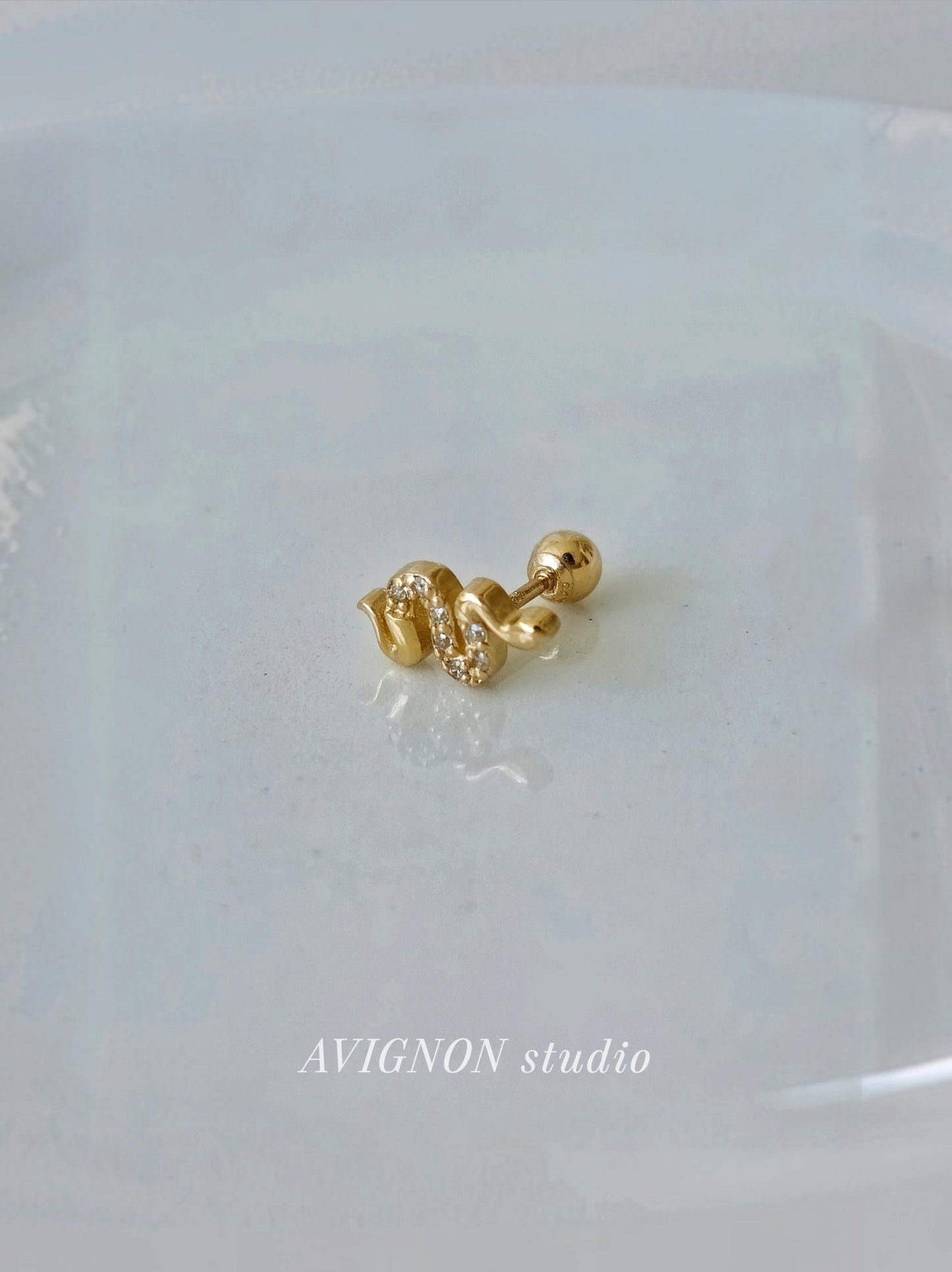 14k solid gold snake piercing. gold screw ball stud. snake stud. real gold.