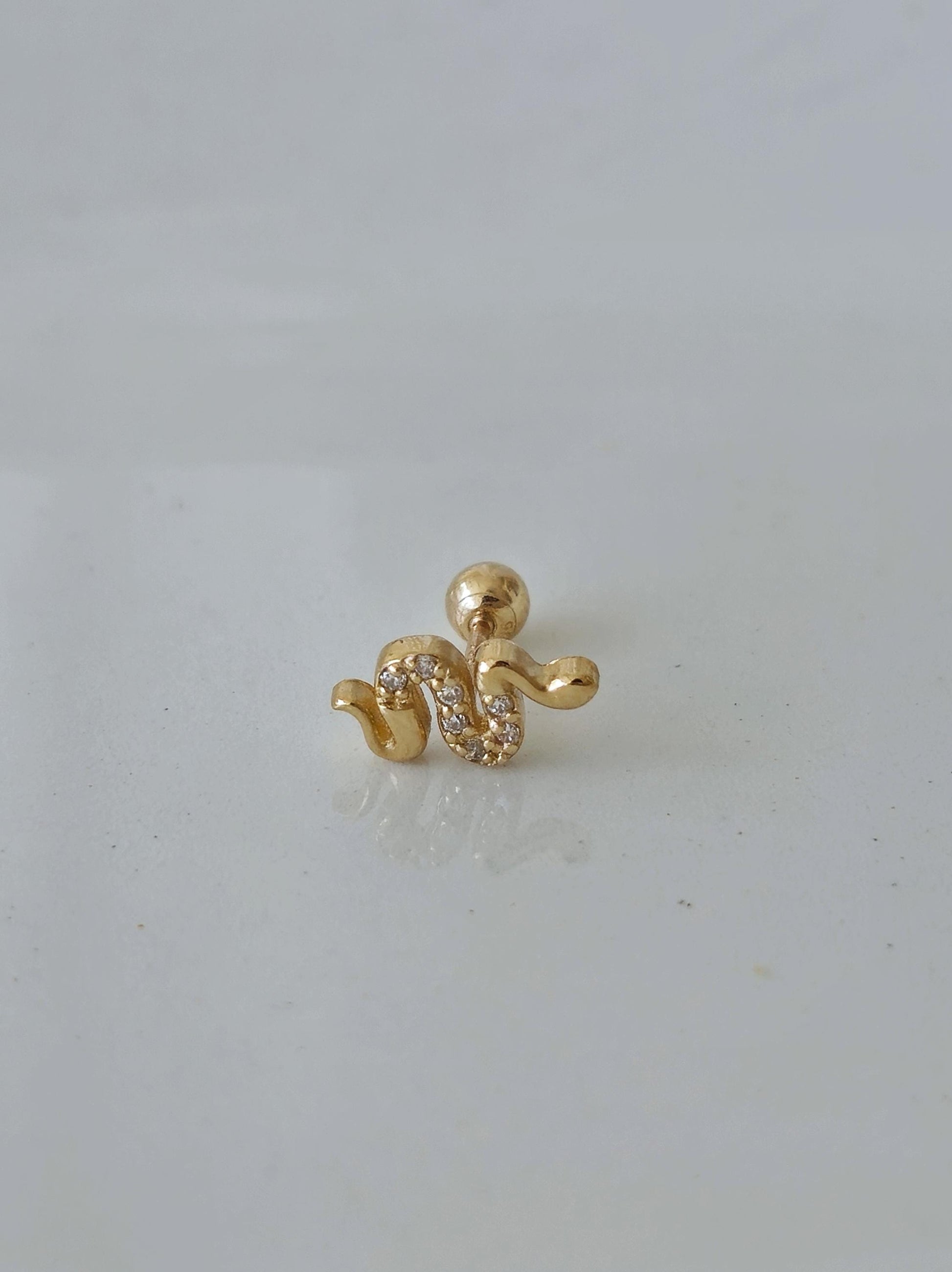 14k solid gold snake piercing. gold screw ball stud. snake stud. real gold.